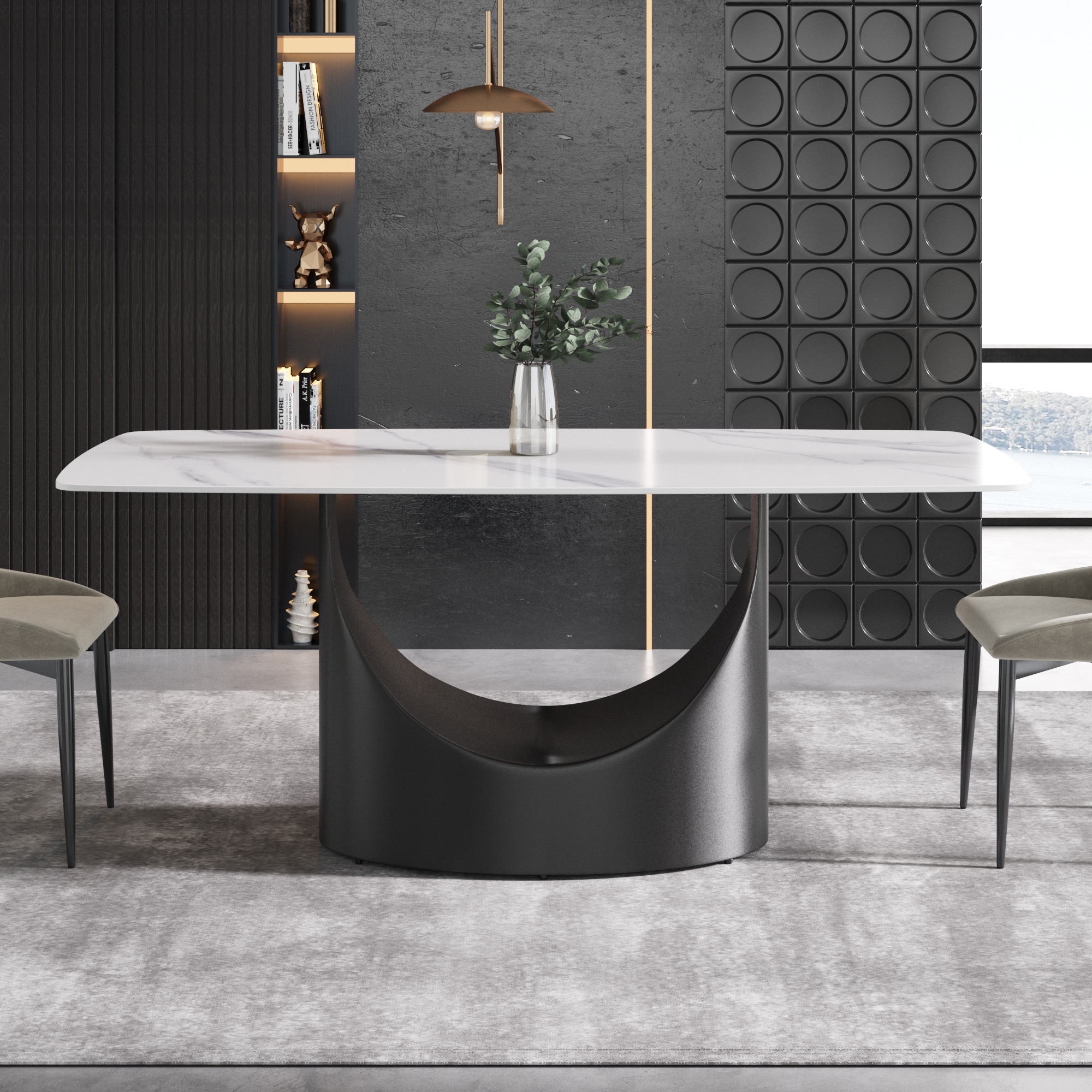 BuotiqHom DH-AT-18AW-MH5B 71 in. White Contemporary/Modern Dining Table, Ceramic with Primed Metal Pedestal Base 71-in L x 29.5-in H