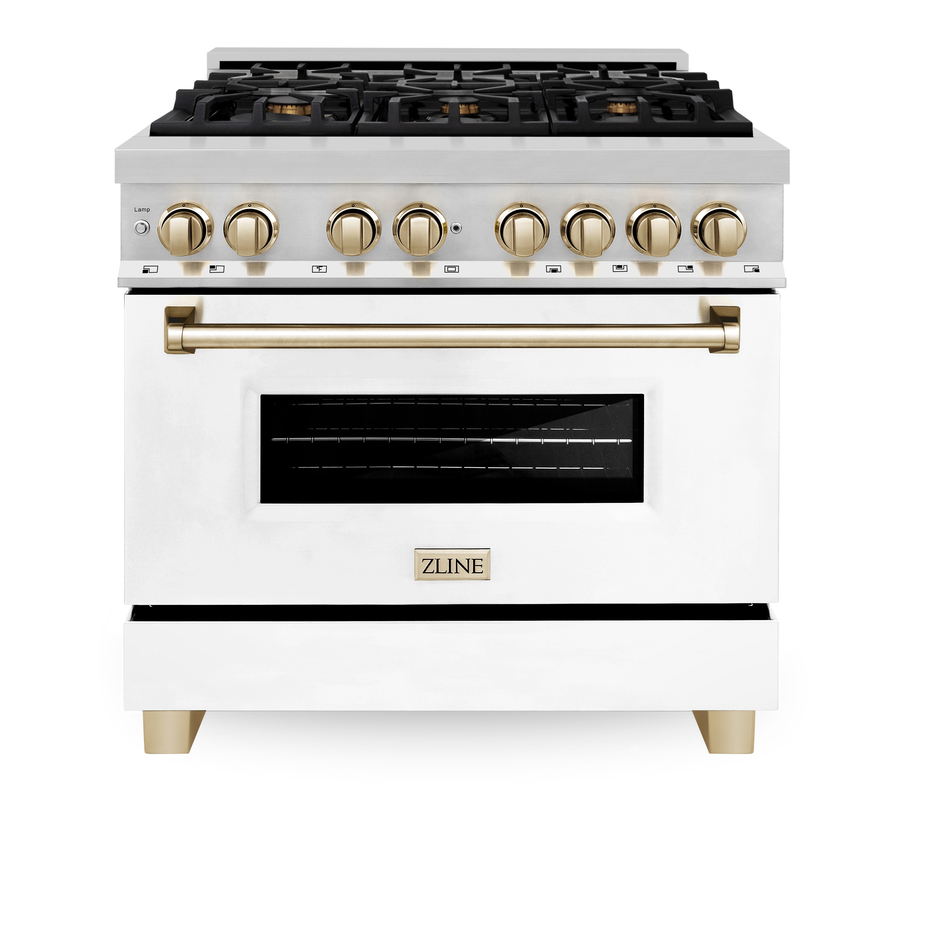 ZLINE KITCHEN & BATH RAZ-WM-36-G Legacy 36-in Deep recessed 6 burners Convection Oven Freestanding Dual Fuel Range ( Stainless Steel with White Matte Door and Polished Gold Accents )