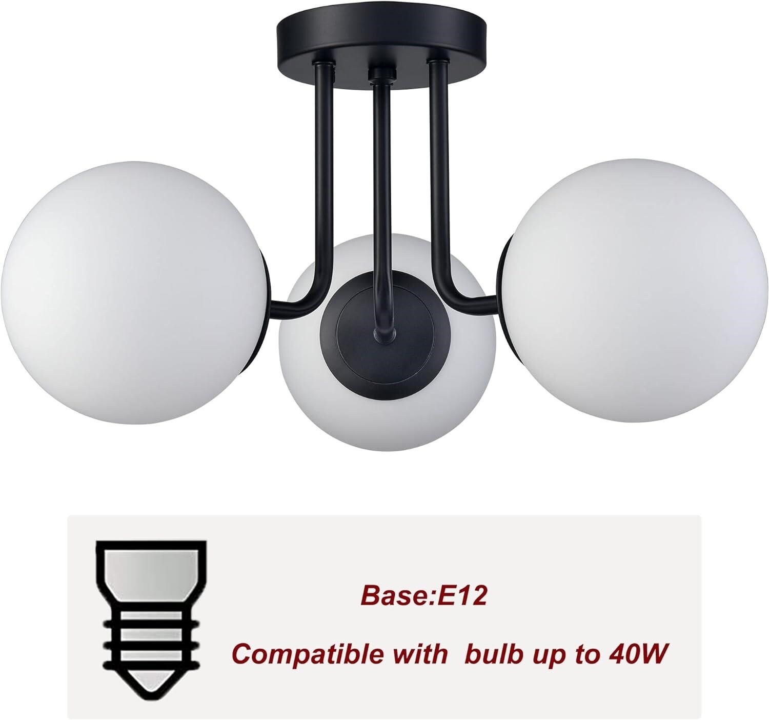 Opal Matte Black and White Glass Globe LED Semi-Flush Mount Light