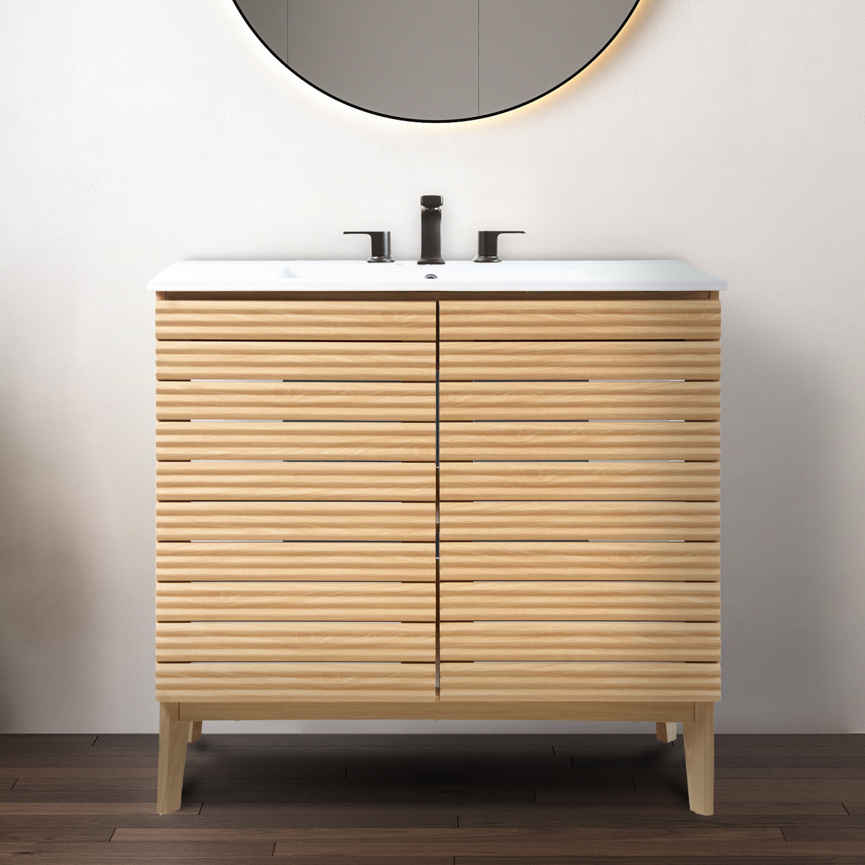 JONATHAN  Y VAN1007A Calandre Thin Linear Slat Modern Farmhouse 36-in Oak Bathroom Vanity Base Cabinet without Top