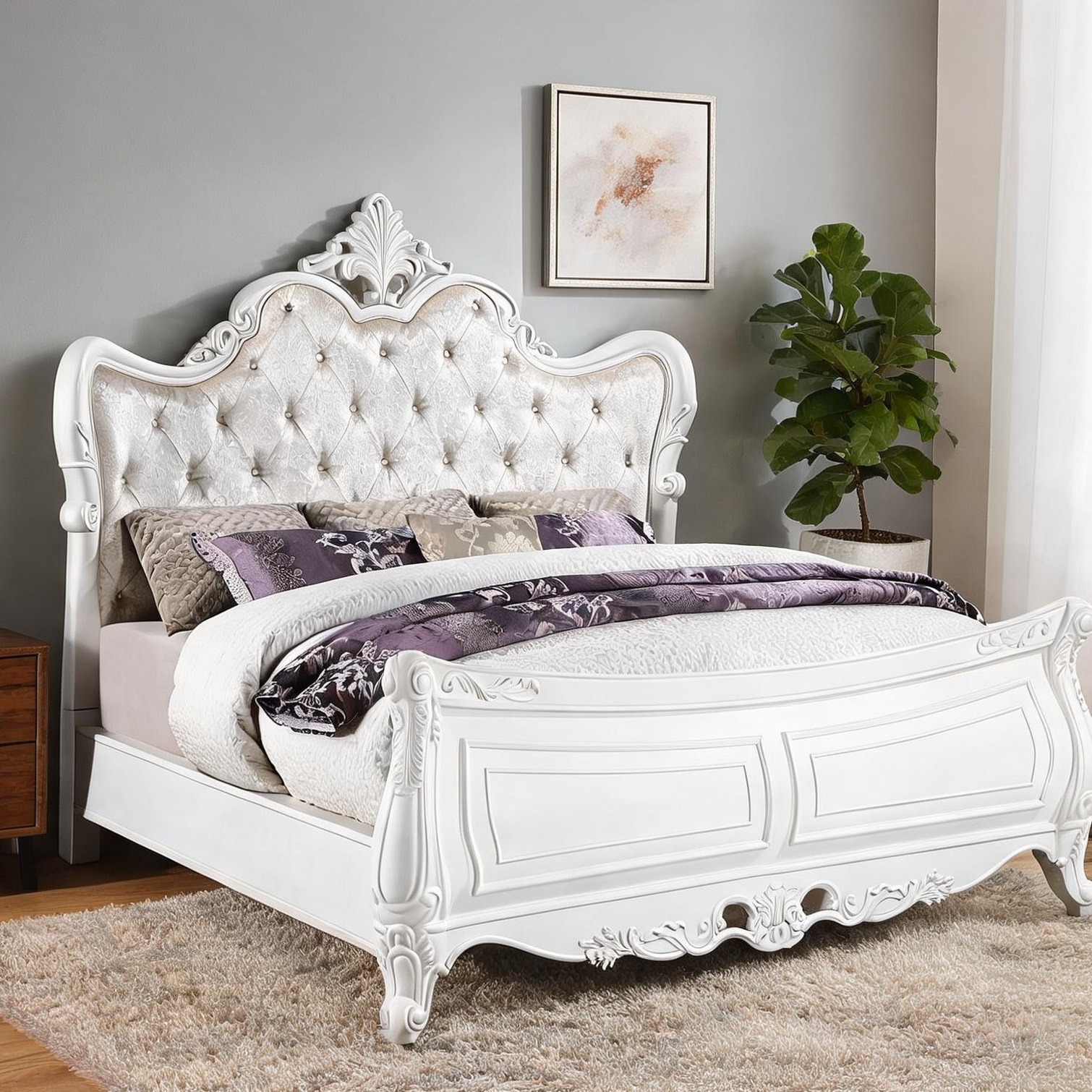 「Qra」ACME FURNITURE / GRANDVIEW BED ACME FURNITURE Gorsedd Fabric and Antique White Queen Wood Panel