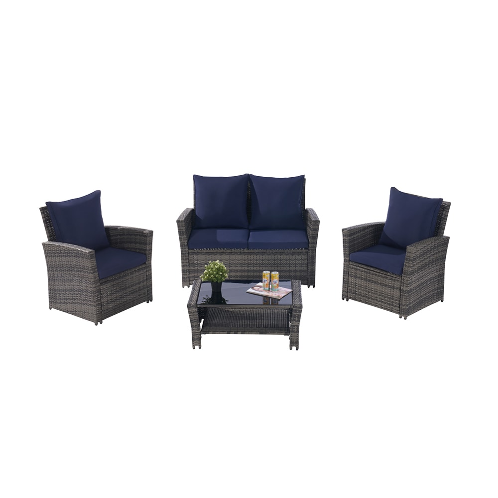 EXTRAUP YHLW874P146983 4 -Piece Rattan Patio Conversation Set with Blue Cushions