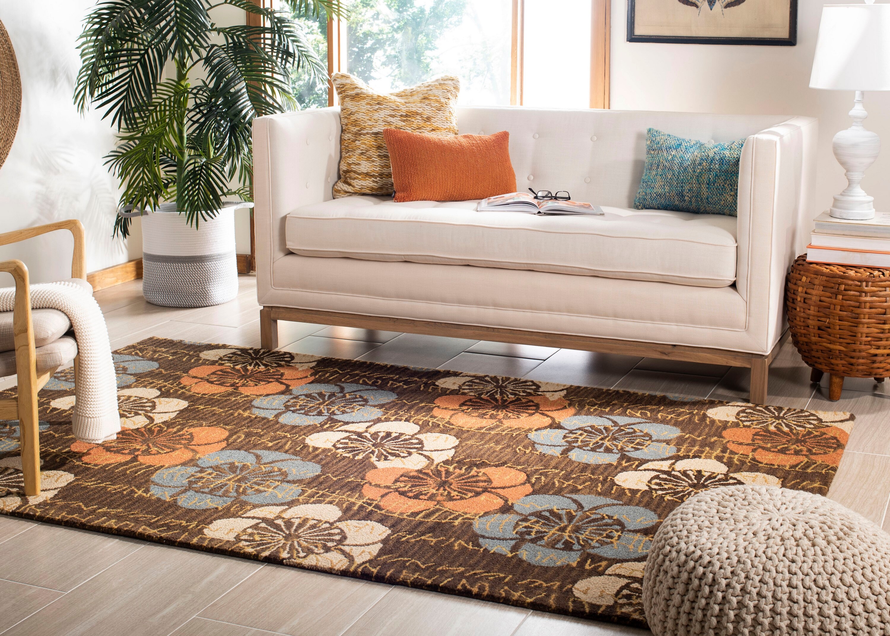 Handmade Tufted Blue and Brown Wool Floral Rug
