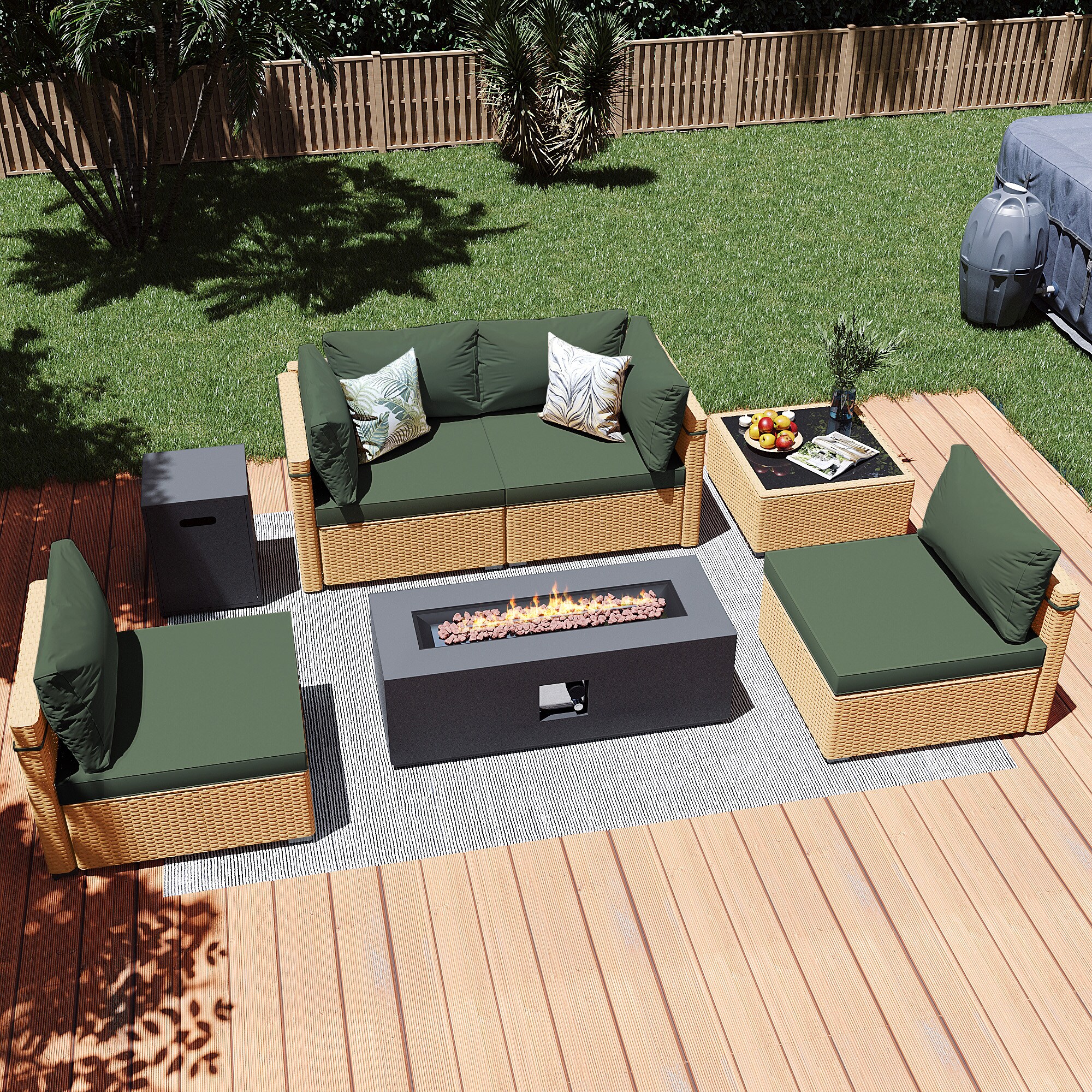 Patio Watcher LS-RT5-KD42CDK-Y2 6 -Piece Rattan Patio Conversation Set with Green Cushions