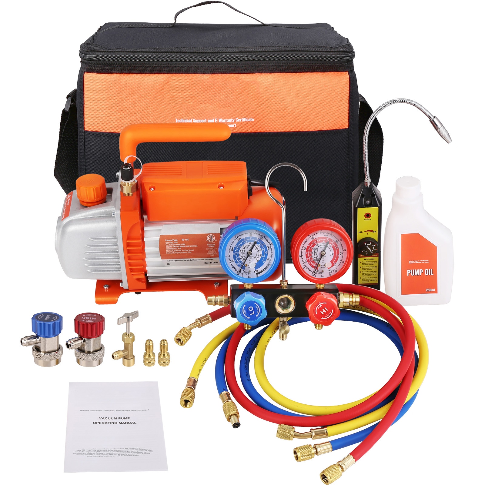 VEVOR SCKDZ4CFM18000504V1 1/4 HP 4.5 CFM AC Vacuum Pump and Gauge Set  Single Stage Rotary Vane HVAC Air Vacuum Pump A/C Refrigerant Kit Manifold Gauge Set  with Three Color Hose Carry Bag  Applicable to R134a  R410a