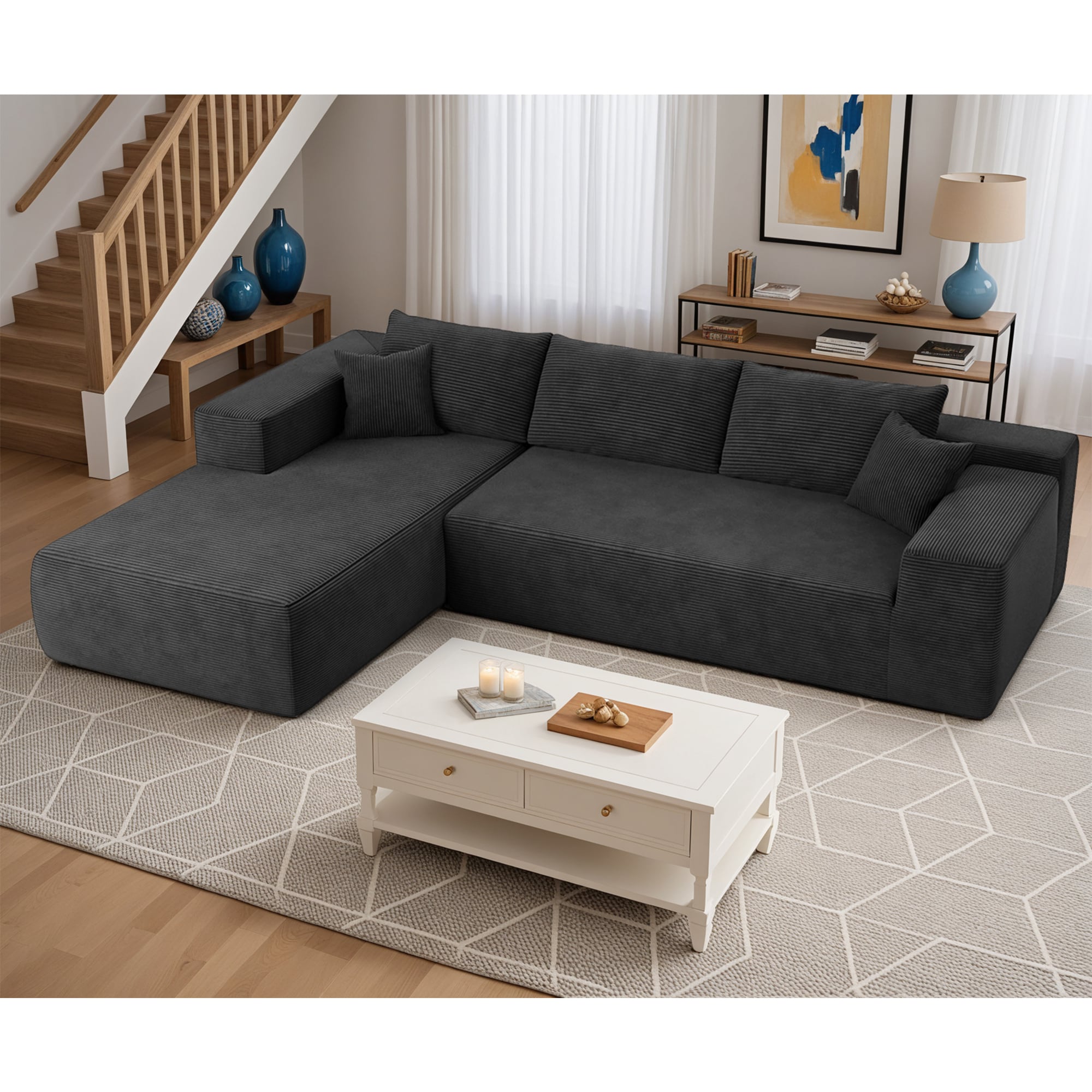 Pouuin SVI40L 104.3-in Modern Black Corduroy 3 -seater Sectional