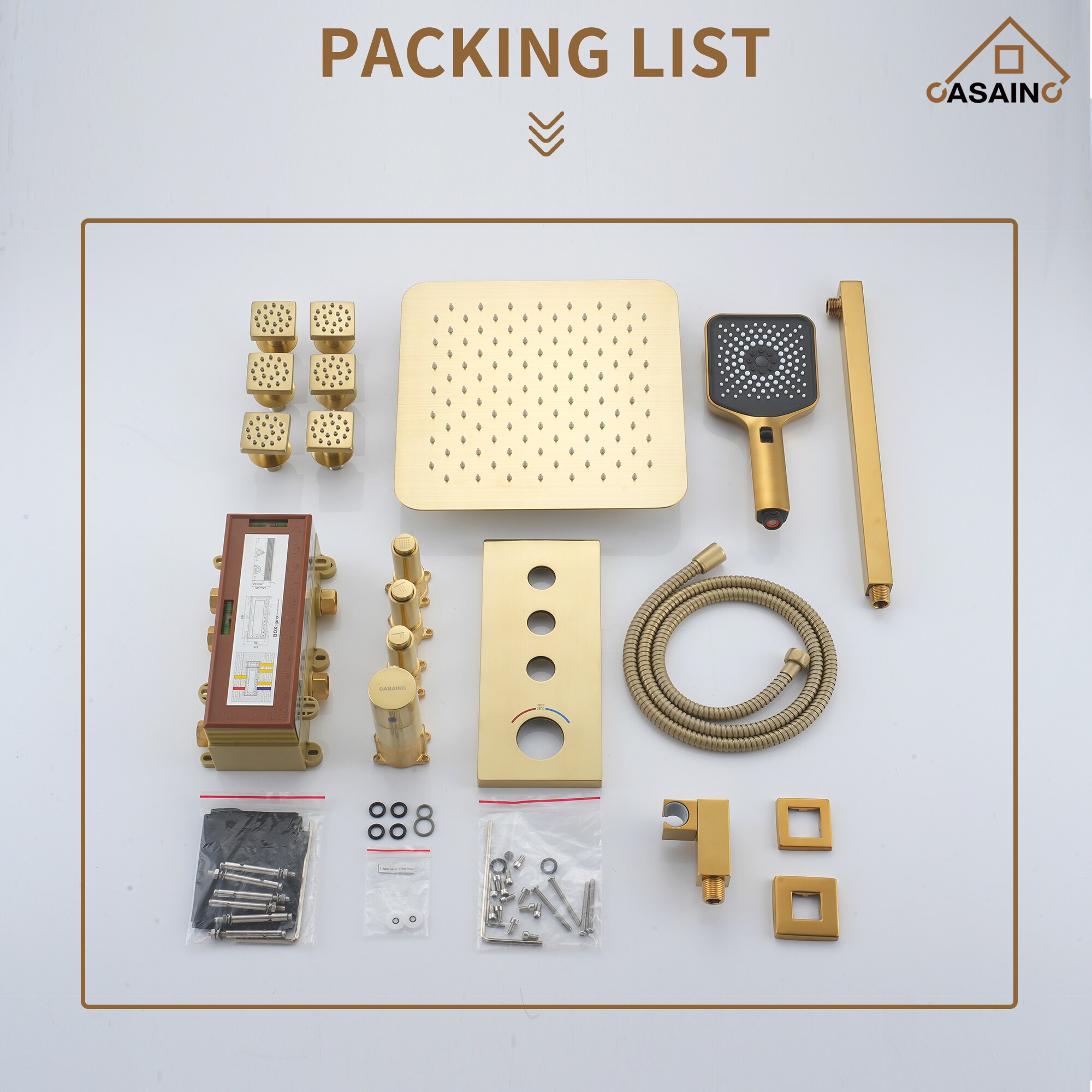 Brushed Gold Dual Square Wall Mount Shower System with Handheld
