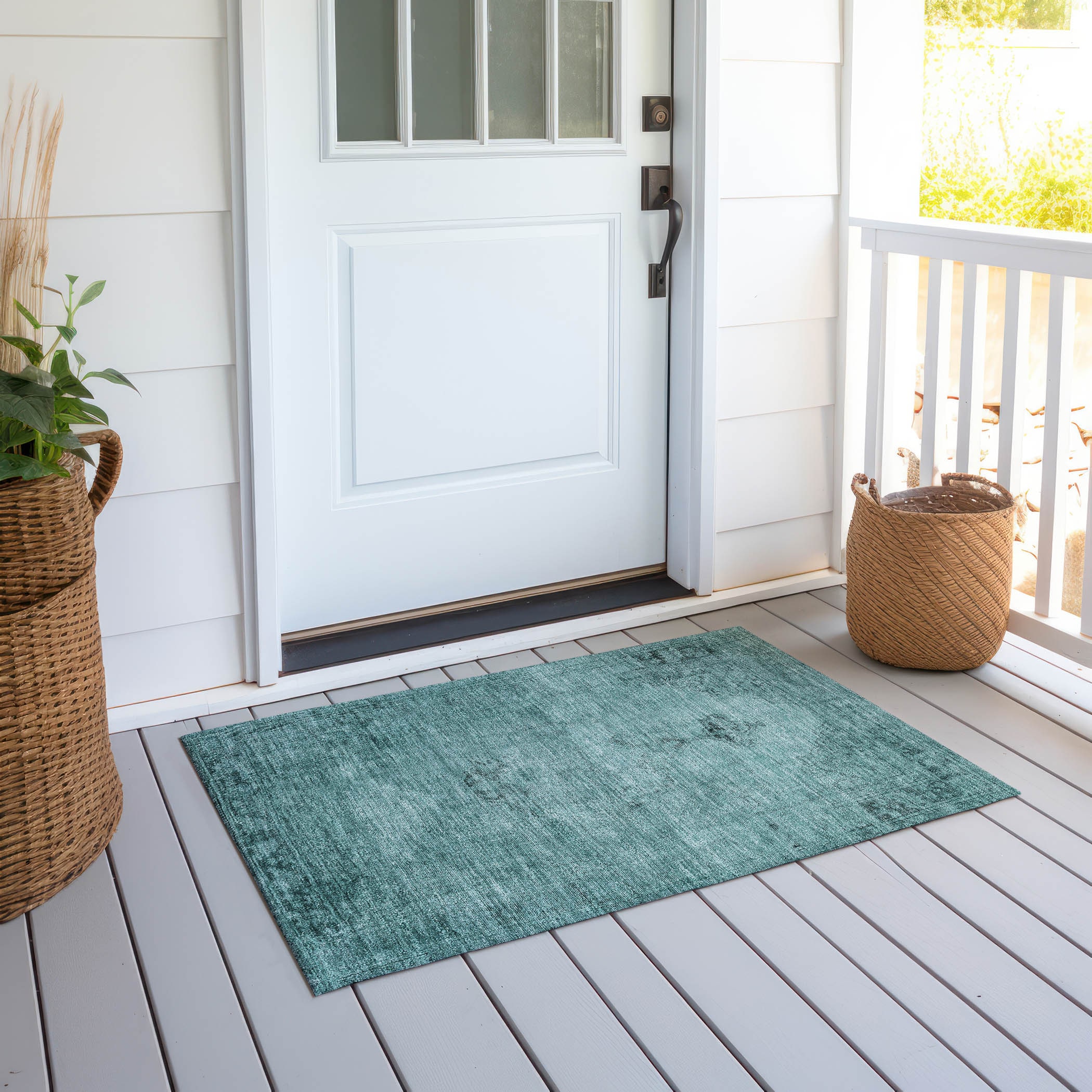 Teal Synthetic Rectangular Machine Washable Indoor/Outdoor Rug