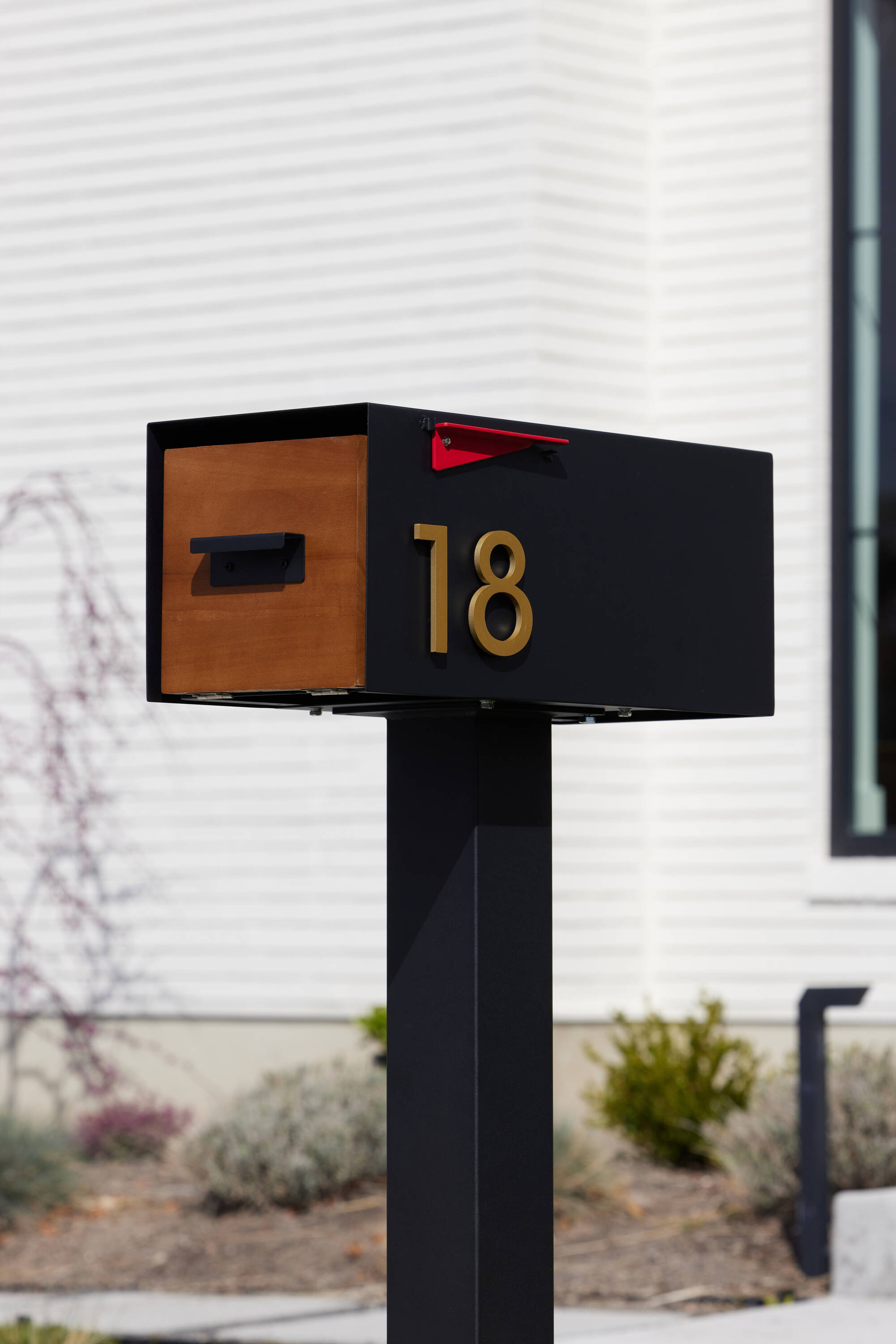 Malone Black Steel Mailbox with Brass Number and Wood-Styled Door