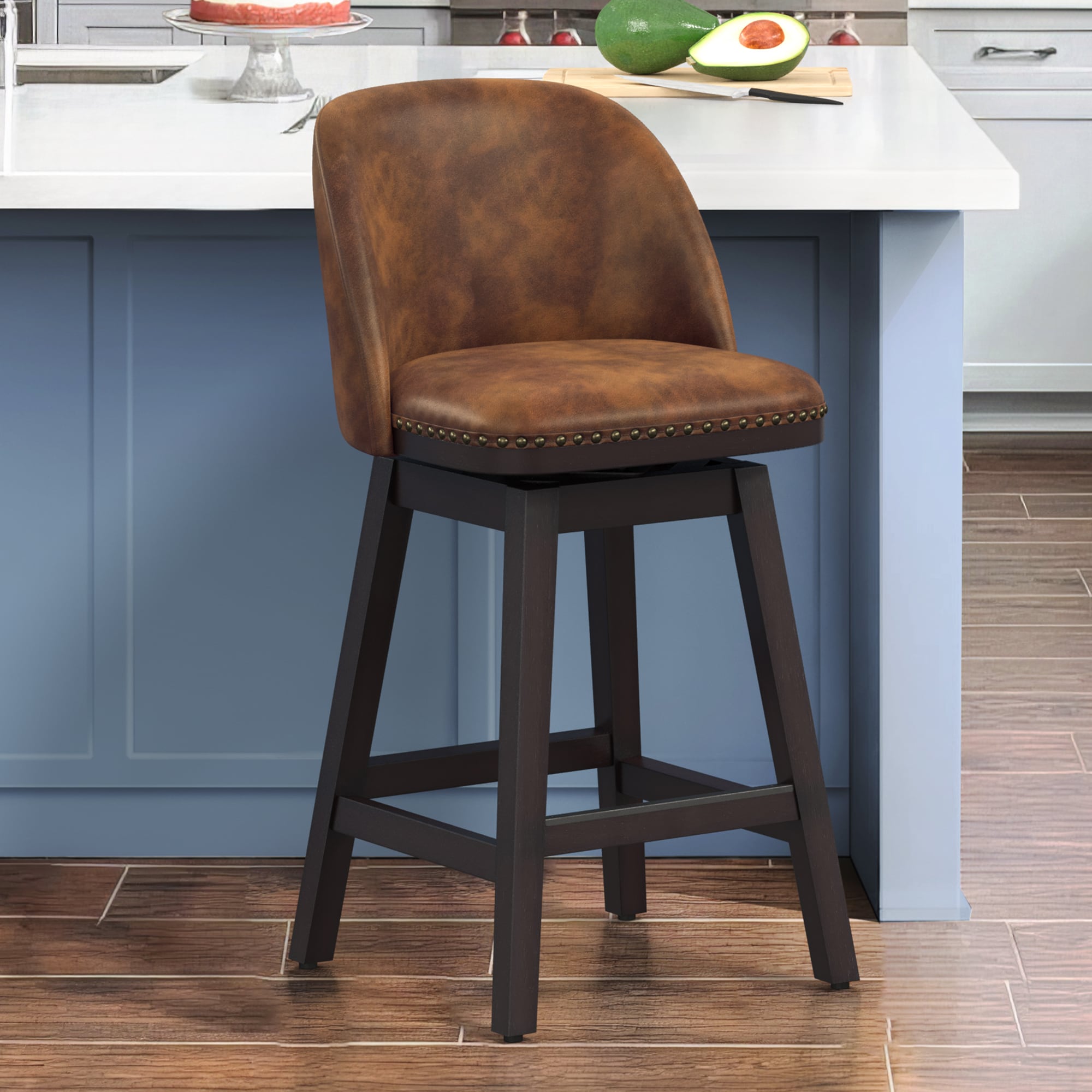 LUE BONA YB-008-03LS Brown/Faux Leather 26-in H Counter height (24-in to 27-in) Square Seat Upholstered Swivel Wood Back Bar Stool Back