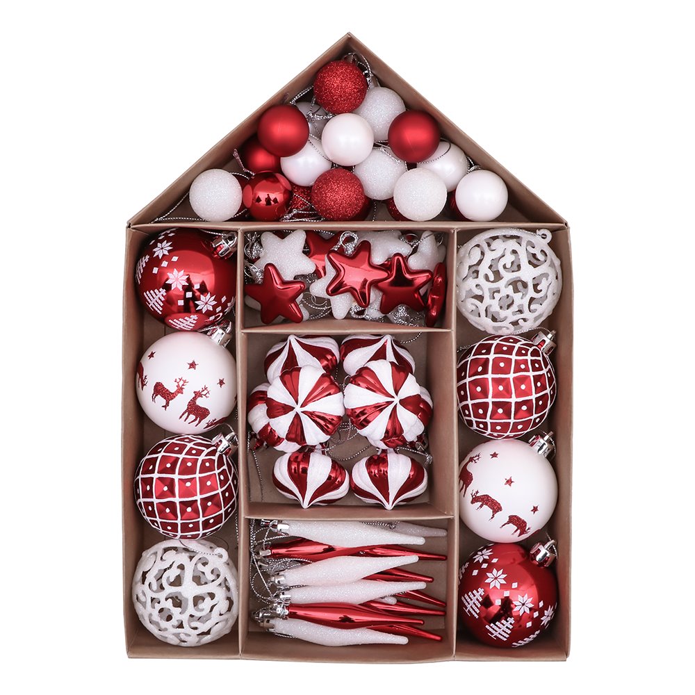 OrnamentallyYou B152 Endearing Prominent Red and White Christmas Ornament Set 70-Pieces Baubles