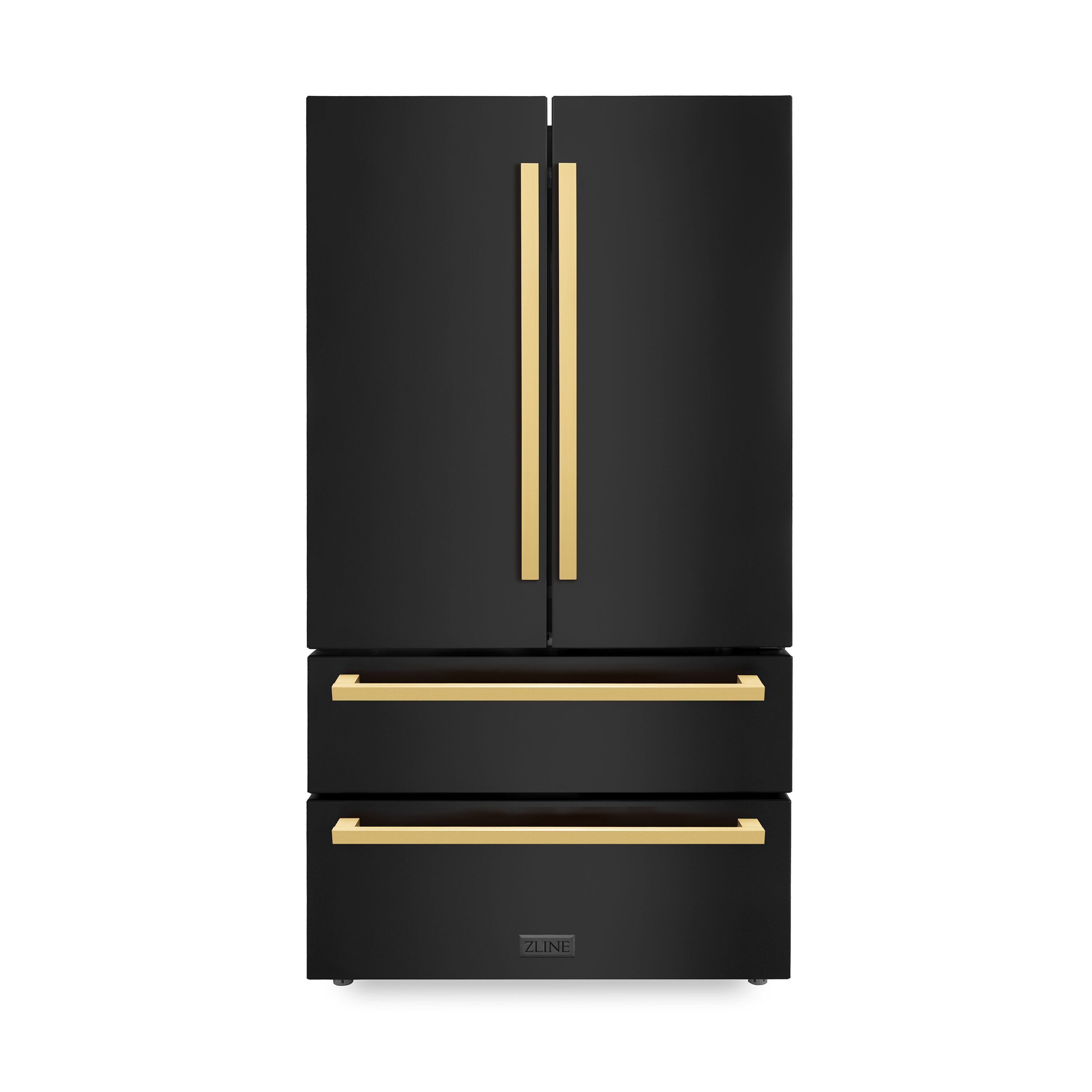 ZLINE KITCHEN & BATH RFMZ-36-BS-FG Counter-Depth 21.6-cu ft 4 -Door French Door Refrigerator with Ice Maker with Water and Ice Dispenser ( Black Stainless Steel with Flat Polished Gold Handle ) ENERGY STAR Certified
