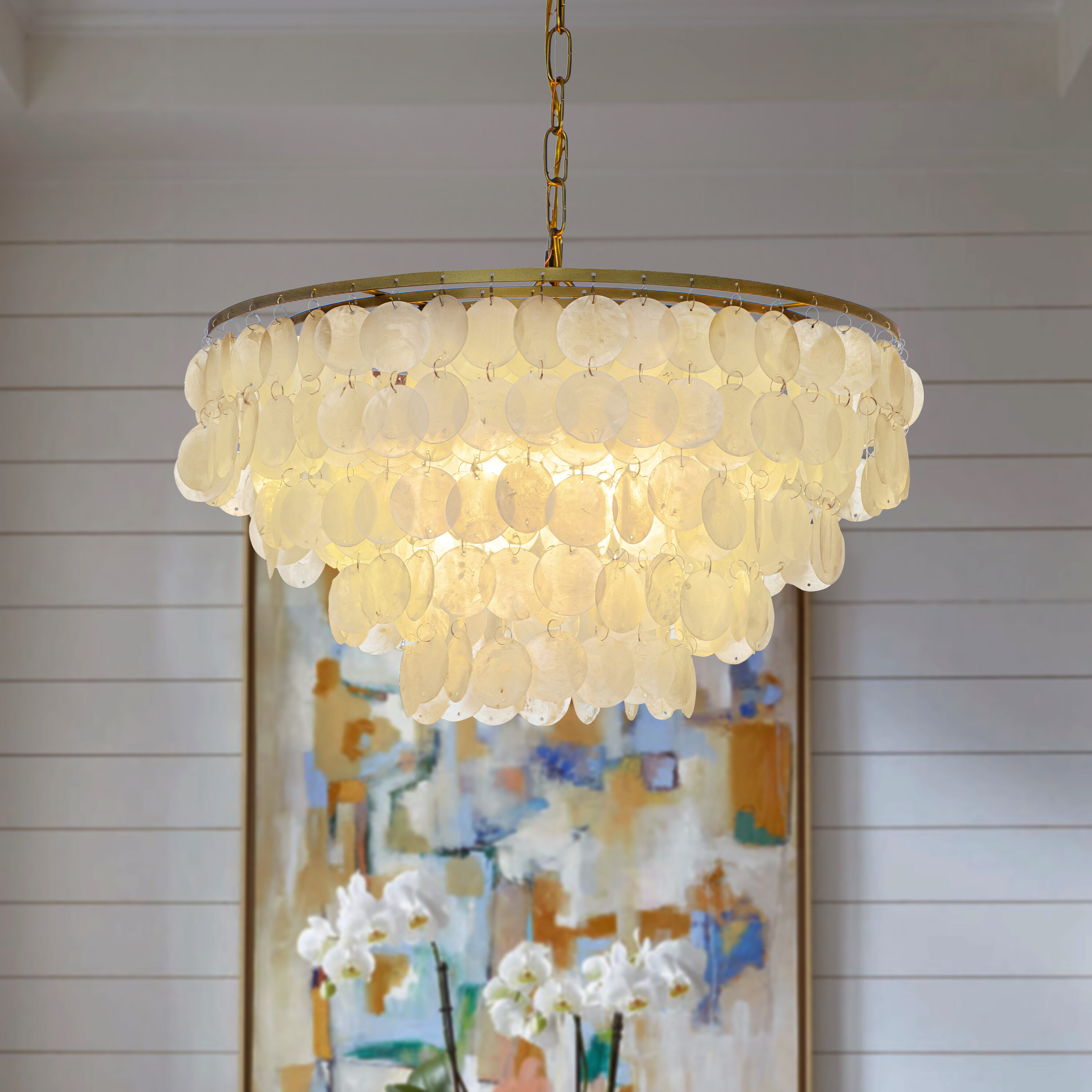 AloaDecor Lighting L7103D50BR08A 4 -Light Antique Gold Modern/contemporary Shell For Use in Bedrooms, Dining Rooms, Foyers, Kitchens, Living Rooms Chandelier