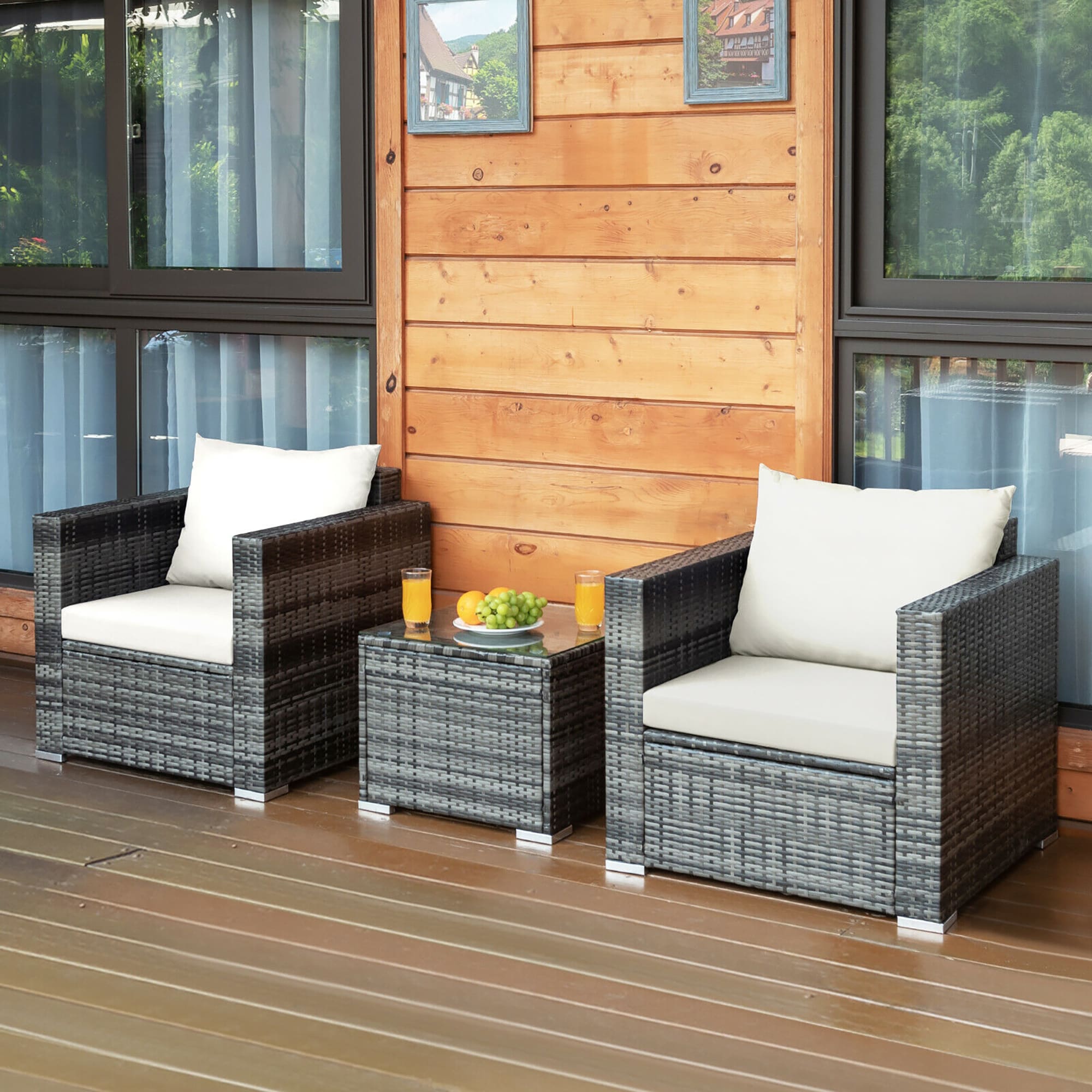 BABOOM BOM-0WH+-CO 3 -Piece Rattan Patio Conversation Set with White Cushions