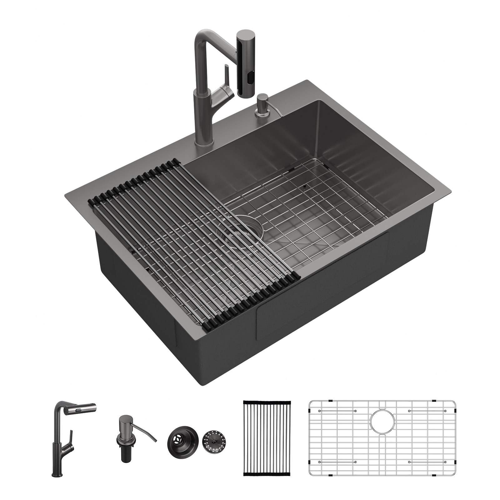 KICHAE Drop-in 30-in x 22-in Single Bowl 16 Gauge Stainless Steel Kitchen Sink in Gunmetal Black with Pull Out Faucet and Accessories