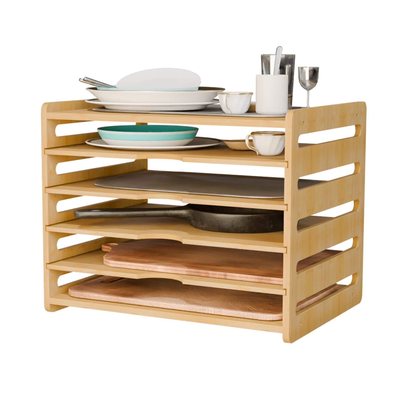 UUDULY  Wooden Cabinet Tray Dividers Adjustable 5 Compartment Kitchen Organizer for Baking Sheets Pans Lids Cutting Boards and Trays Fits 14 to