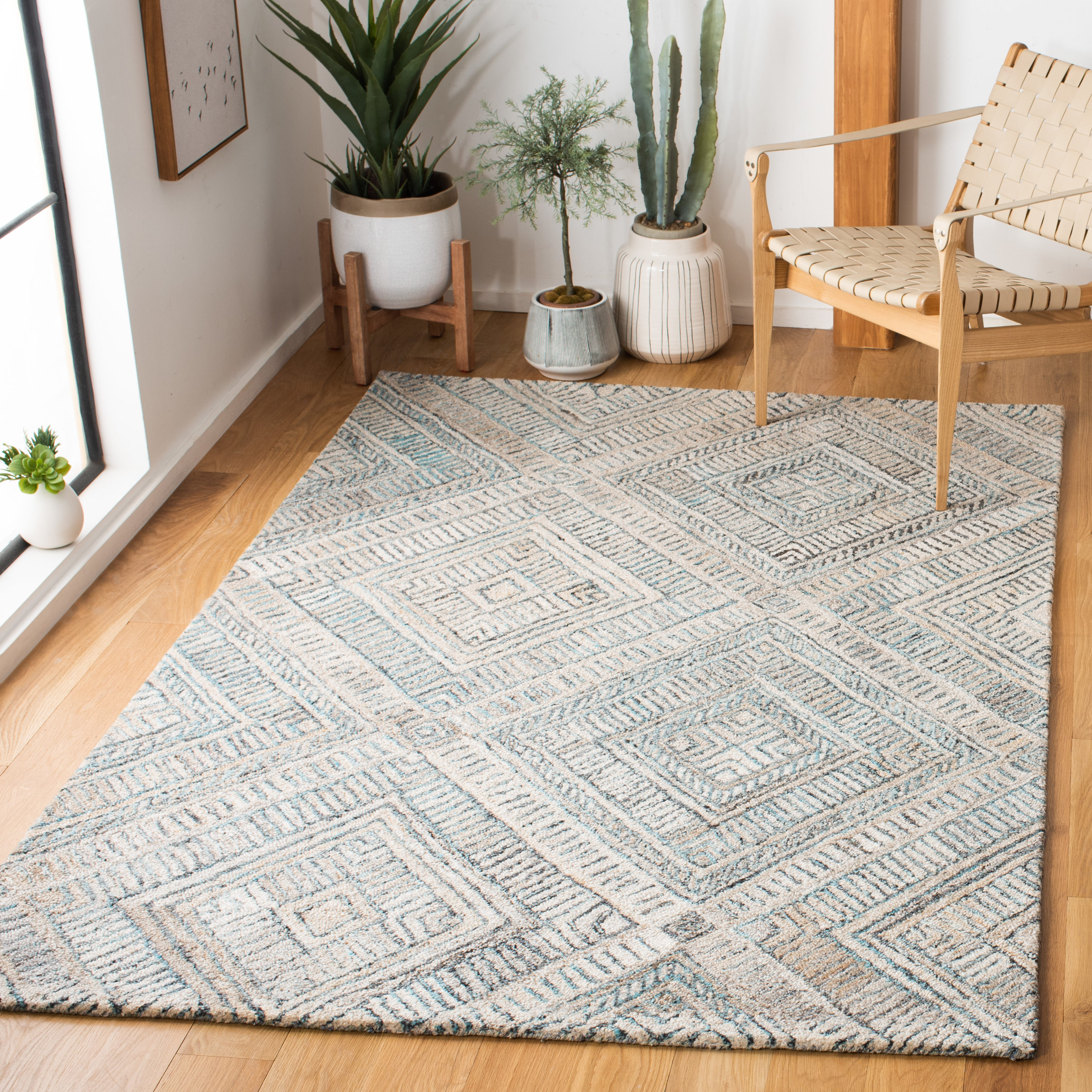Turquoise and Beige Hand-Tufted Wool Geometric Square Rug