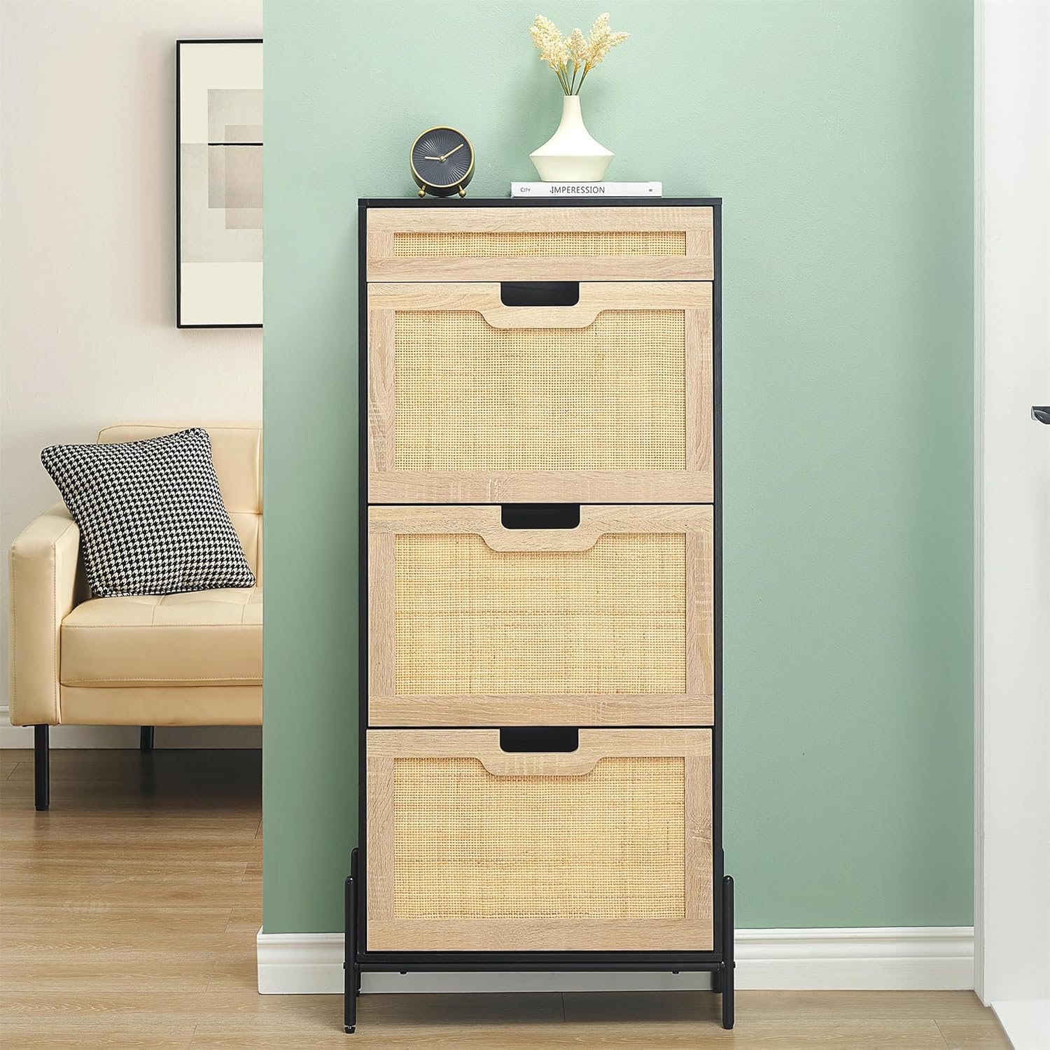 Garvee Rattan Shoe Storage Cabinet with 3 Flip Door and 1 Drawer Freestanding Shoe Organizer Rack for Entryway Hidden Shoe Cabinet with 3-Tier Adjustable Shelves for Hallway Living Room (Black)