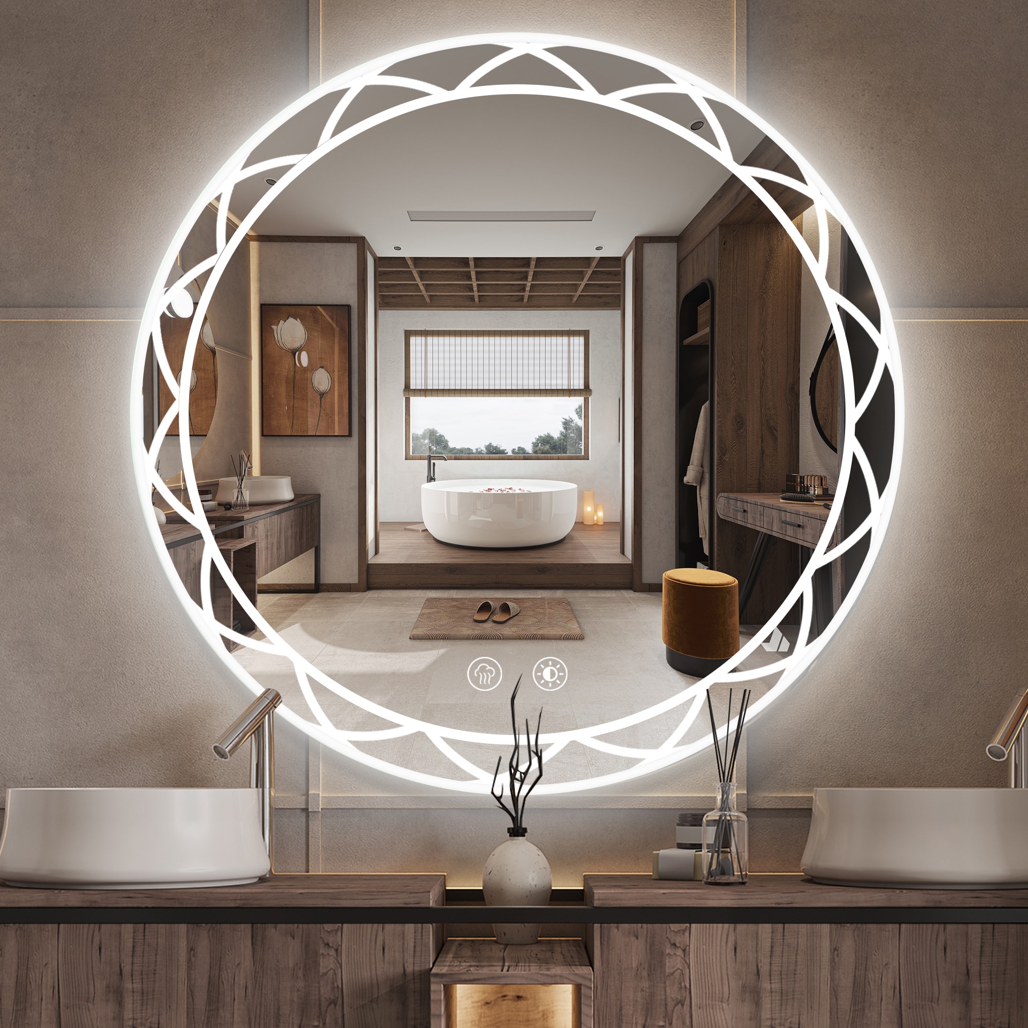 Bybafun YD5100004 42-Inches x 42-Inches Polished Frameless Round Dimmable Lighted Fog Free Bathroom Vanity Mirror ( Silver )