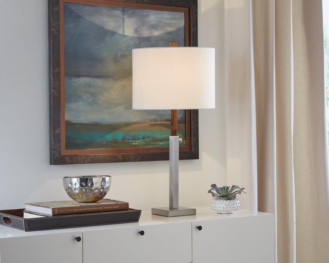Scott Living LBSHC44S 28-Inches Brushed nickel On/Off switch Stick Table Lamp with Fabric Shade