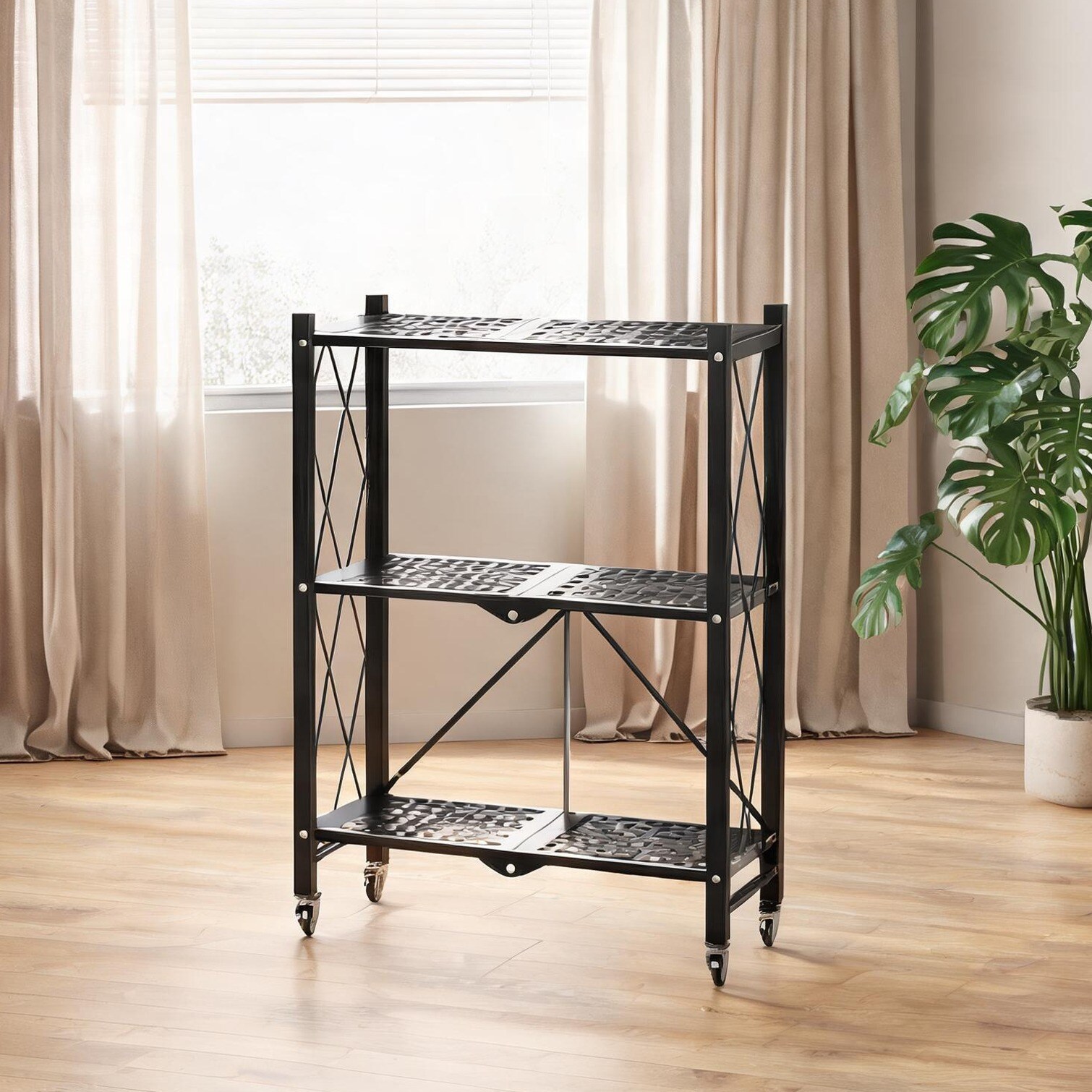BBabe Fold-Open Roll 3-Tier Utility Cart in Stainless Steel 26 W x 14.5 D x 30.3 H