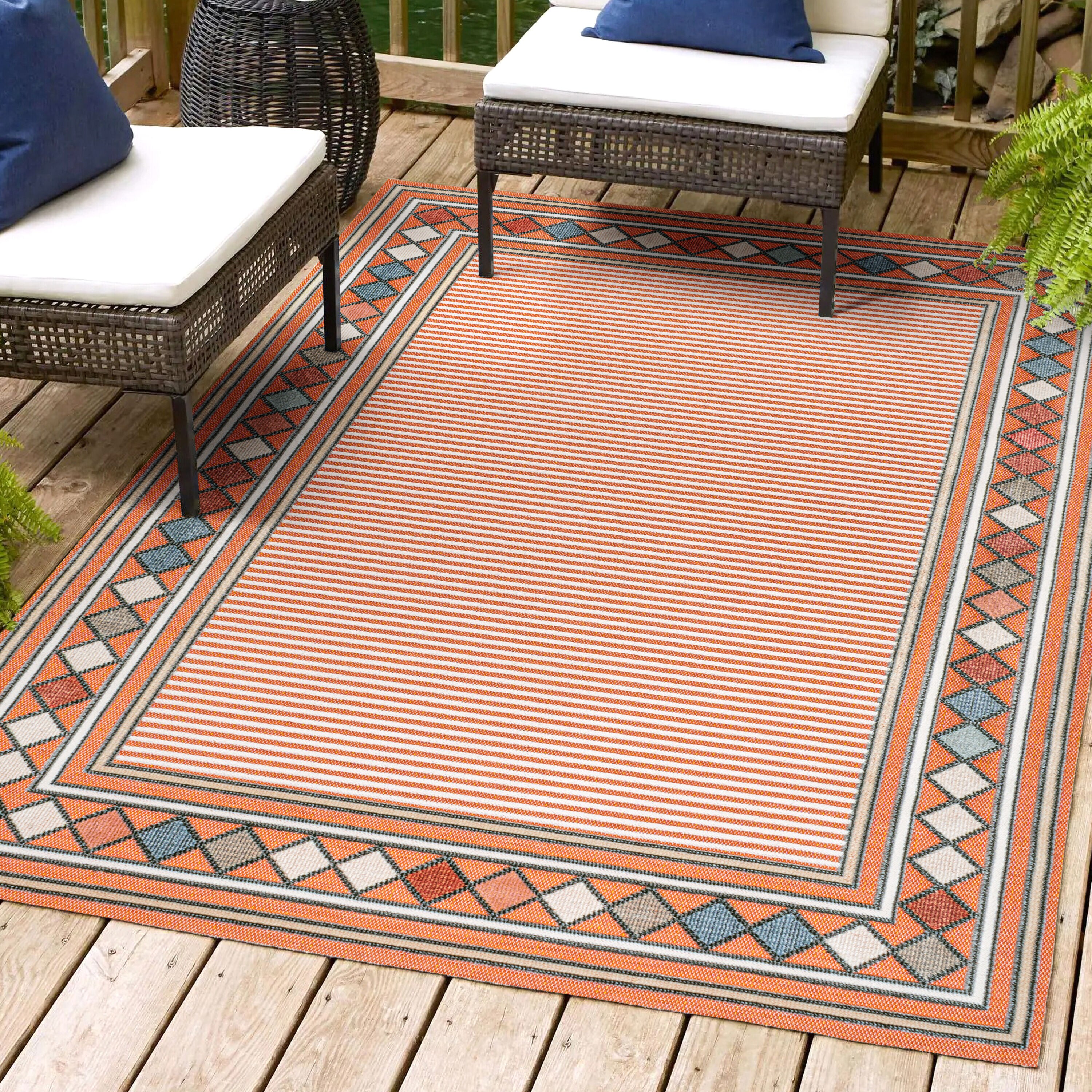 JONATHAN  Y HWC102C-3 Hawaii Sebastian High-Low Modern Diamond Border 3 x 5 (ft) Loomed Polypropylene Orange/Ivory Rectangular Indoor/Outdoor Floral/Botanical Farmhouse/Cottage Area rug