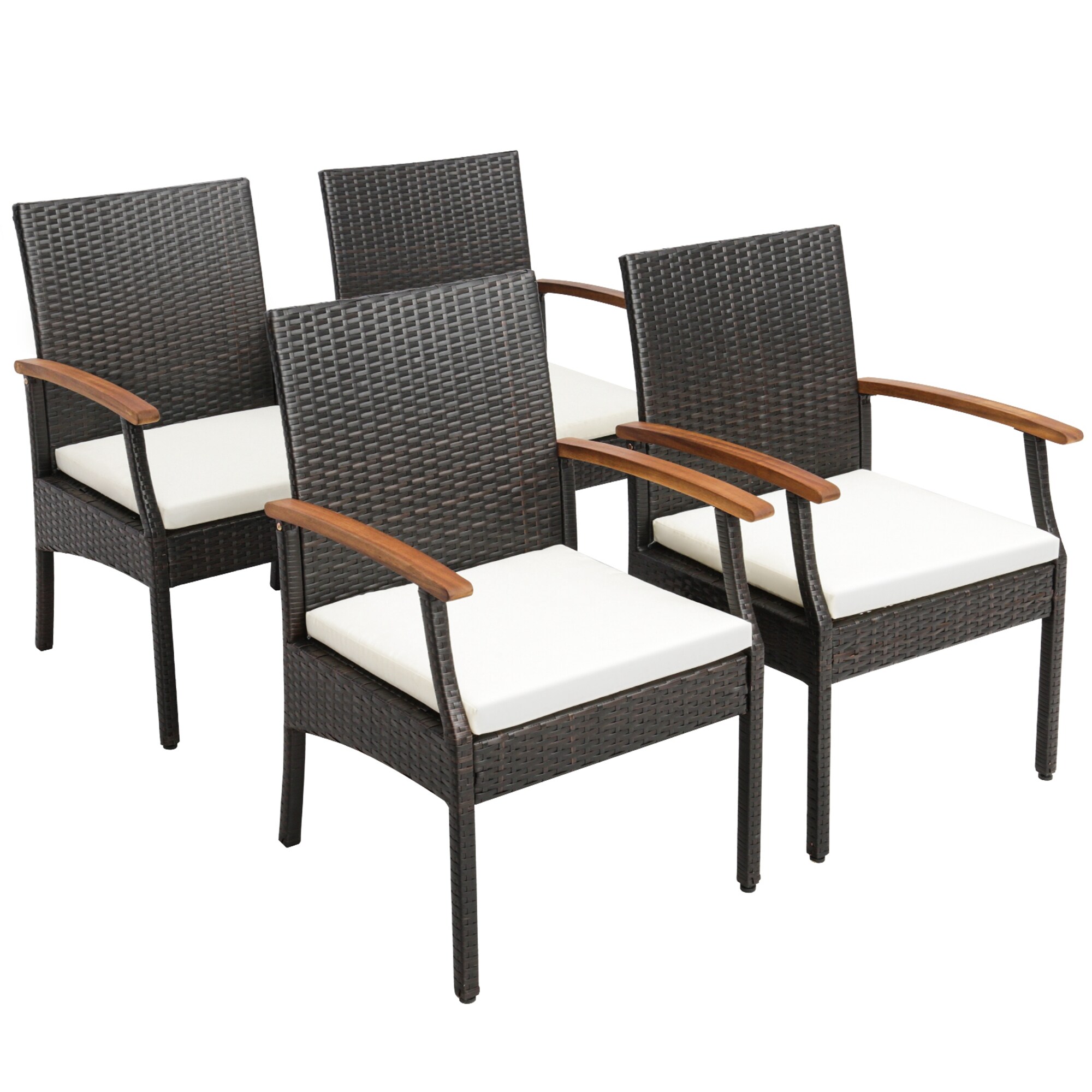 Costway HW70831-4 Set of 4 Rattan Brown Metal Frame Stationary Dining Chair with Off-white Solid Seat