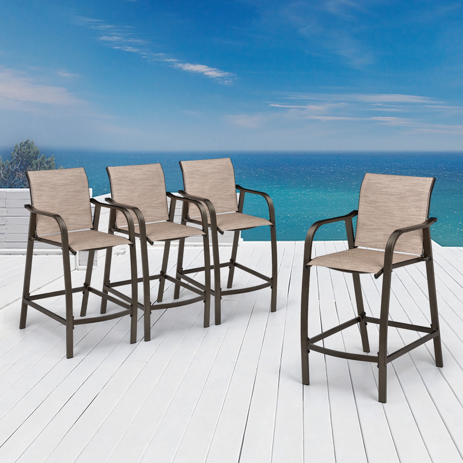 Crestlive Products 4-Pieces Patio Bar Stools Set of 4 Brwon Aluminum ...