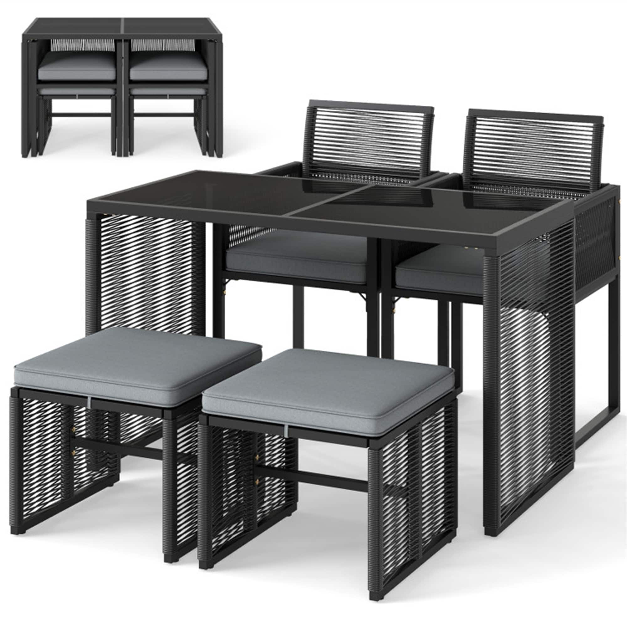 BABOOM BOM-S00024-ORII Patio Furniture Set 5 -Piece Black Rattan Patio Dining Set Rattan Rectangle Table with 2 Gray Cushions Stationary Chairs