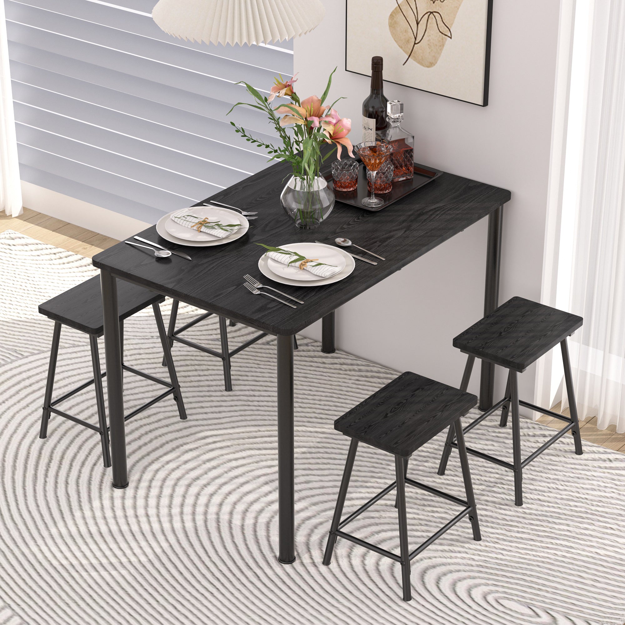 Vecelo LOE-JYX-TC14-BLK 4 Person Four Leg Dining Set Counter Height Dining Table Set For 4 Pub Table and Stool Set Space Saving Dinette For Small Space