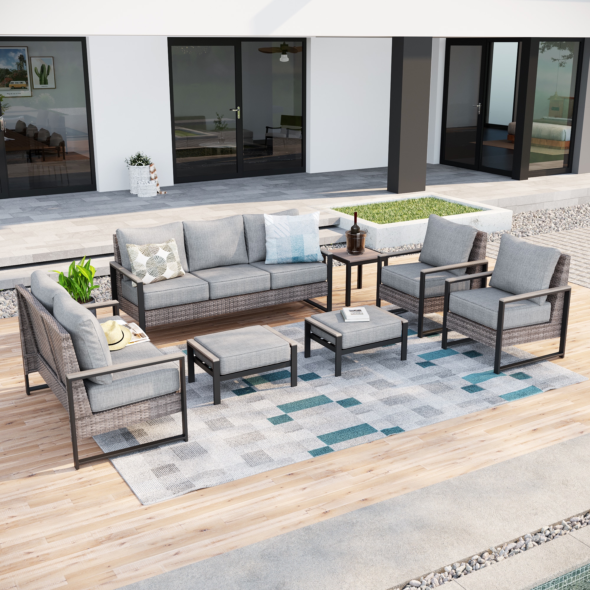 ACEGOSES LW-148HLY-S3T7 Skytop 7 -Piece Wicker Patio Sofa Conversation Set with Gray Cushions