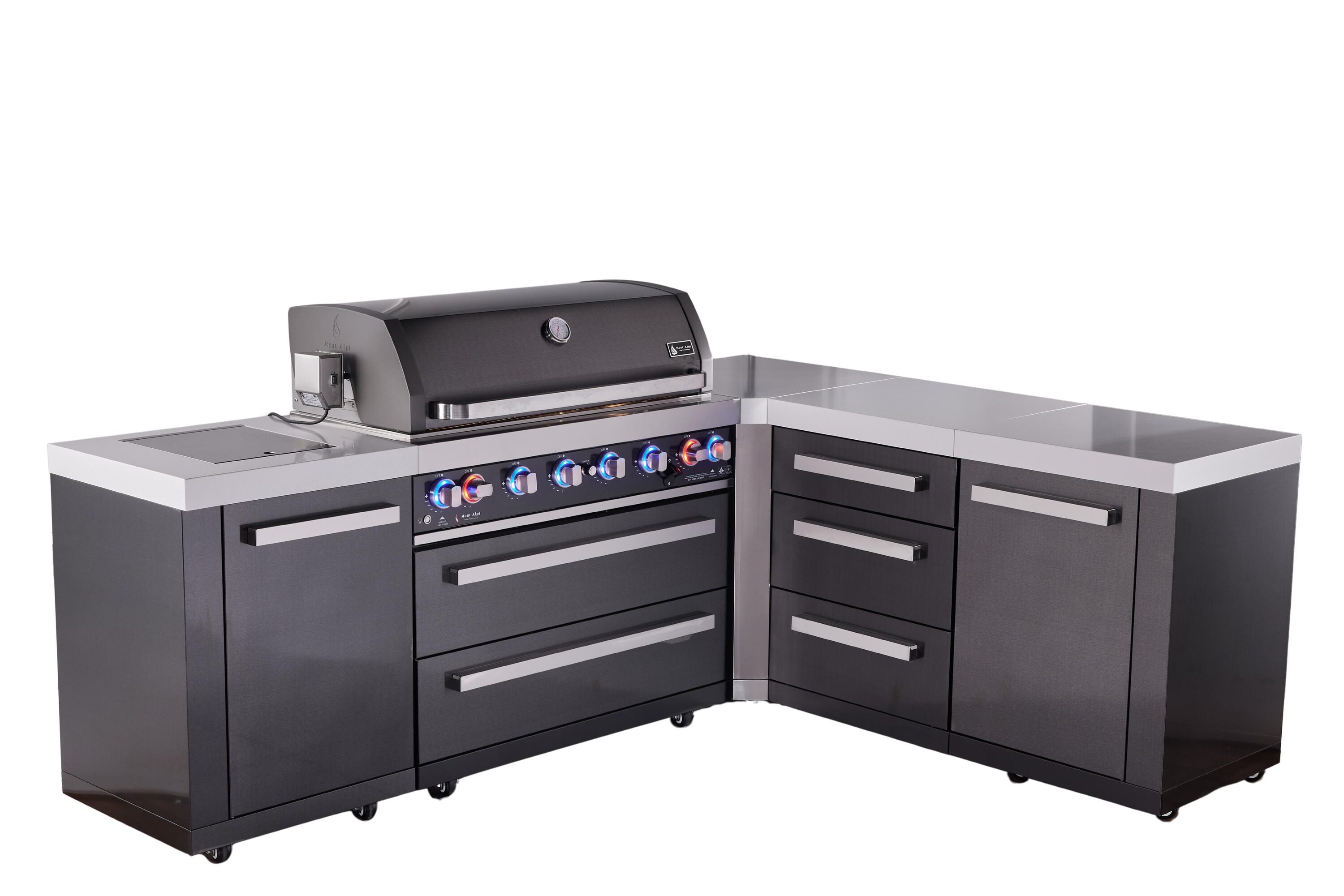 Mont Alpi Mont Alpi 805 Black Series Modular Outdoor Kitchen Islands 94-in W White Granite Countertops / Black Stainless Steel Grill Stainless steel Grill island Modular Outdoor Kitchen 8 -Burners
