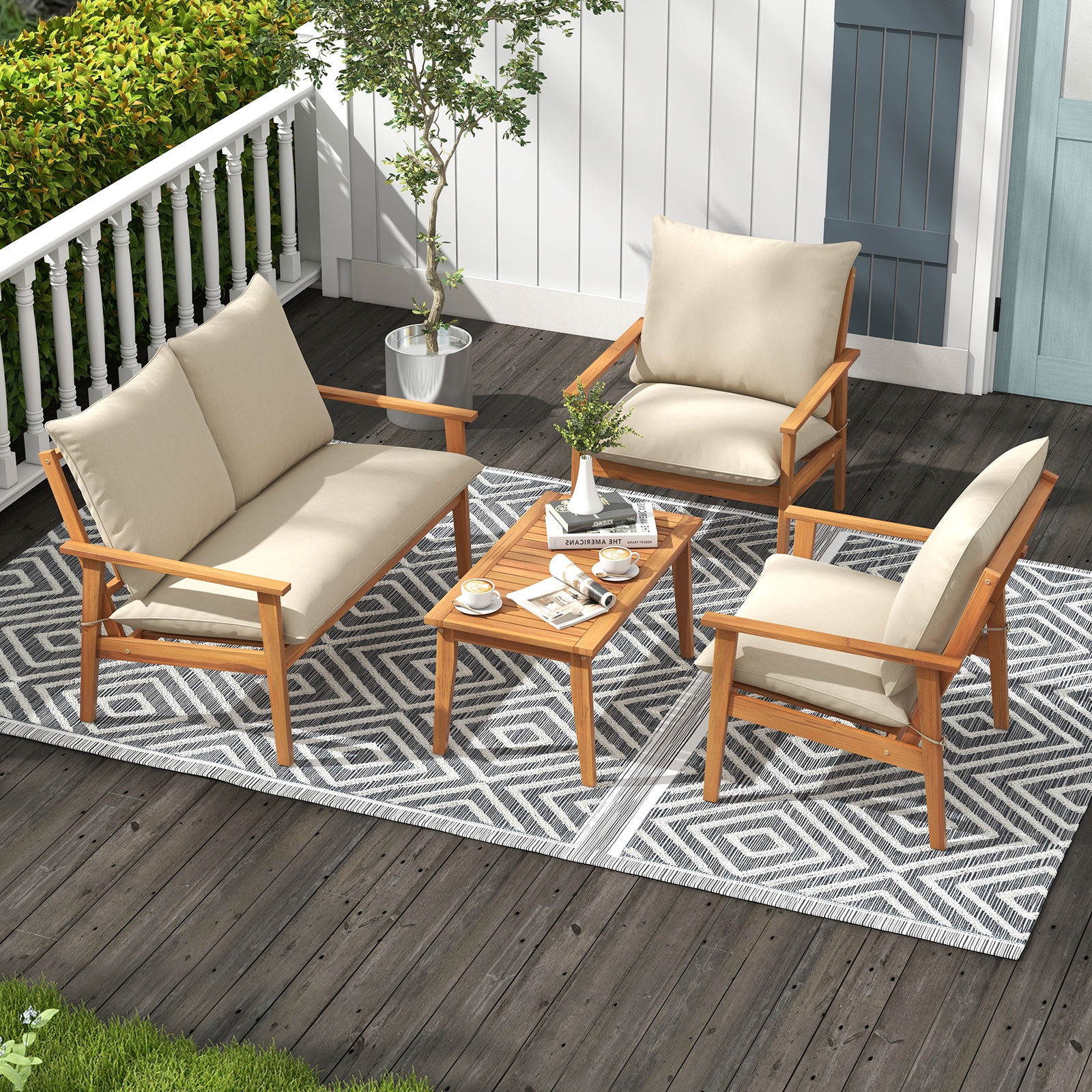 LIVIZA OUJ72977WH-X 4 -Piece Patio Conversation Set with Beige Cushions
