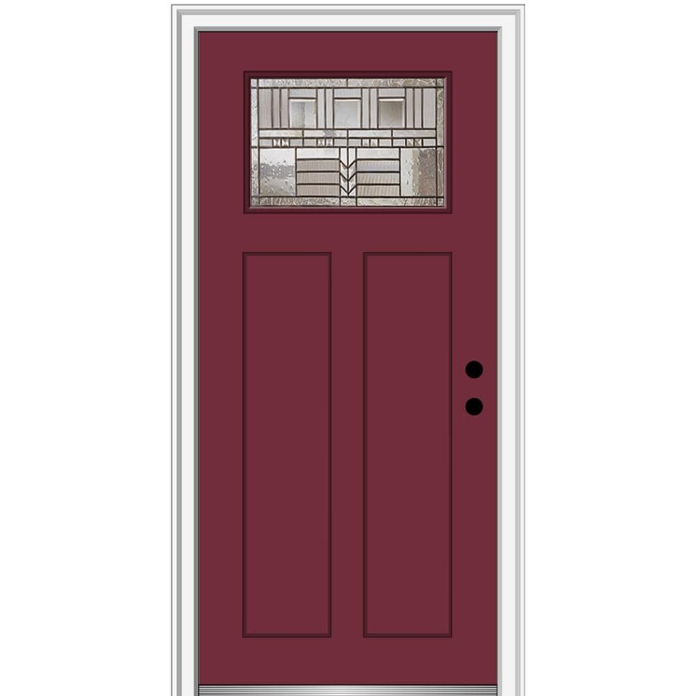 MMI DOOR ZZ3664621L 32-in x 80-in x 6-9/16-in Fiberglass Craftsman Left-hand inswing Burgundy Painted Prehung Front Door with Brickmould Insulating core