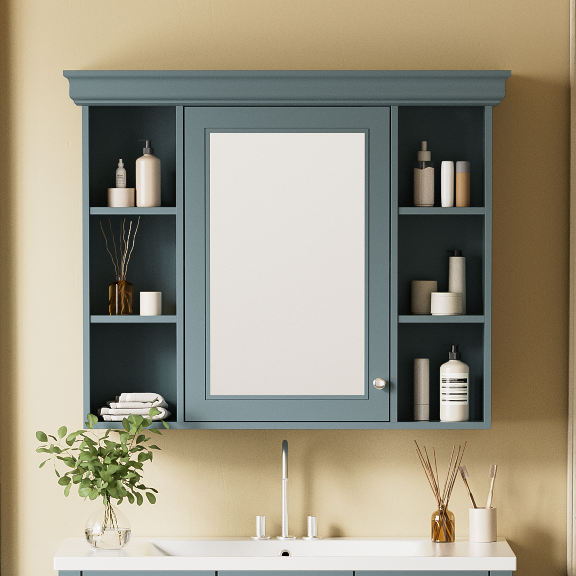 Forclover HBV-692AAF 35.5-Inches x 28.74-Inches Surface Mount Blue Mirrored Rectangle Soft Close Medicine Cabinet