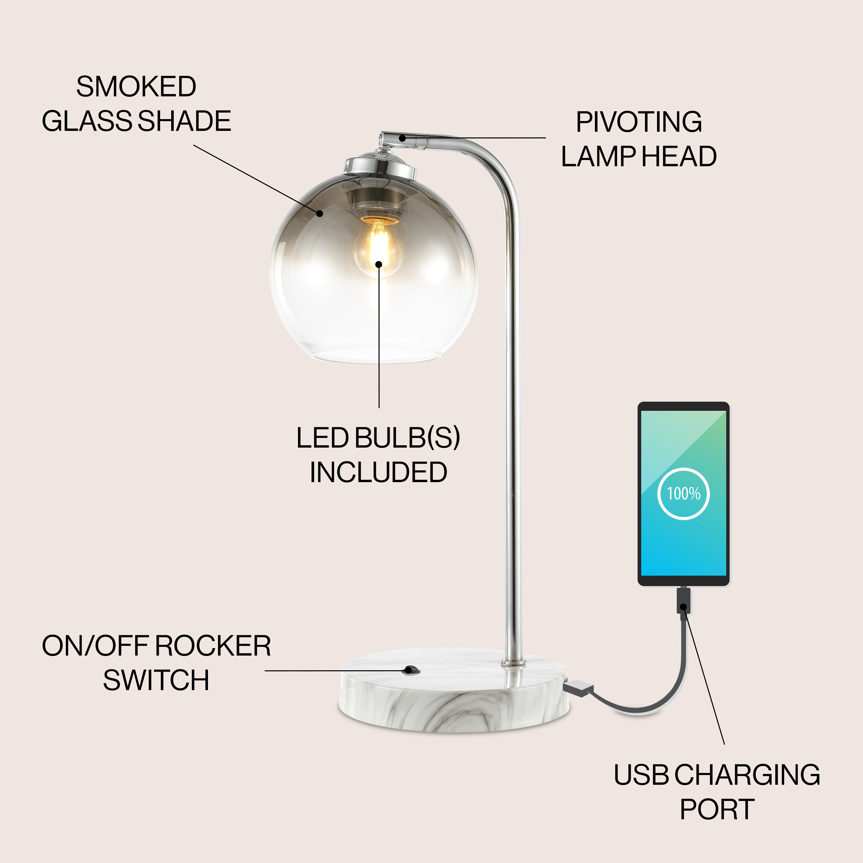Ada 20" Chrome Industrial Glass LED Task Lamp with USB Port