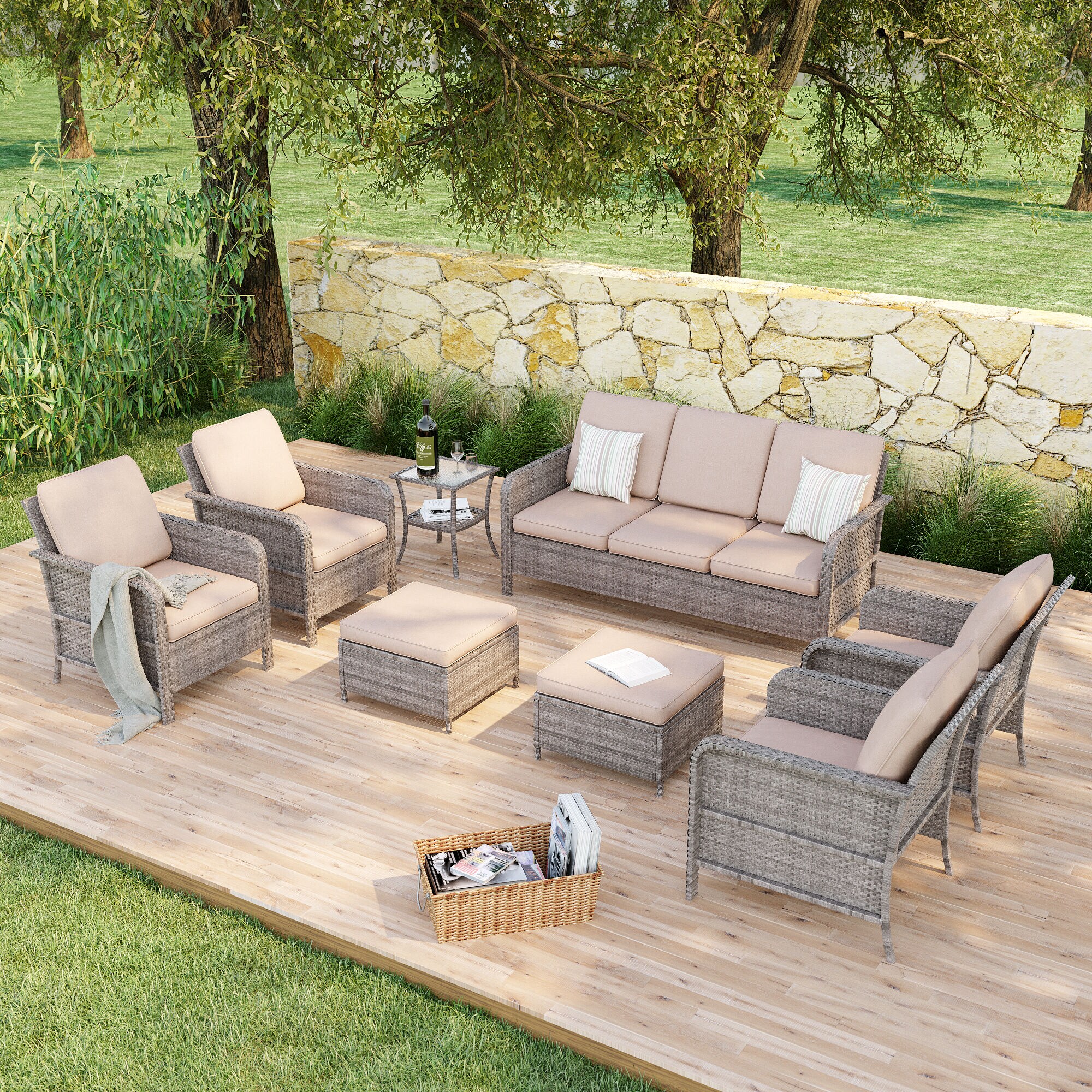Sonkuki SD-PS-155HSD-S2T2 Patio Conversation Set 8 -Piece Wicker Patio Sofa Conversation Set with Beige Cushions