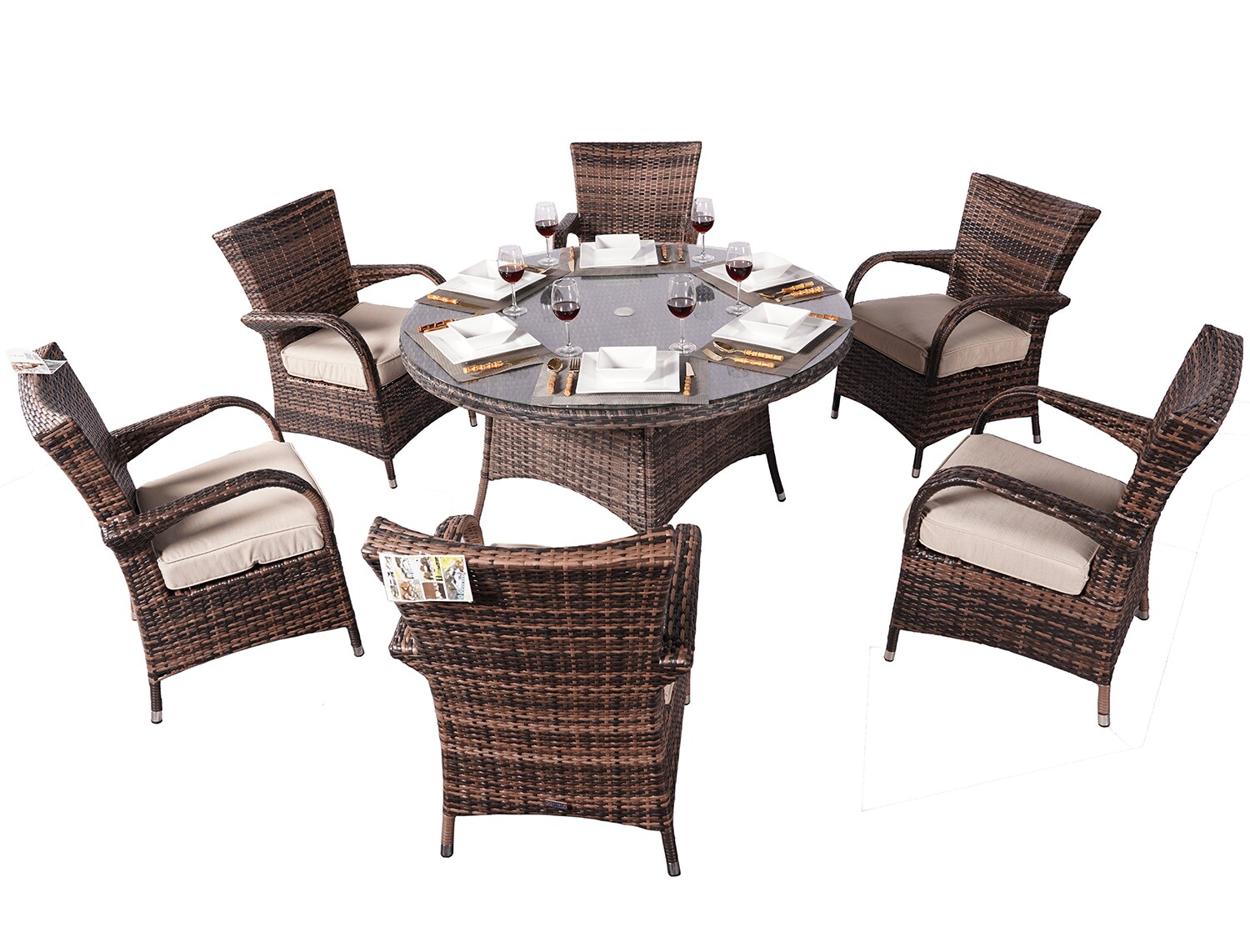 Geo 7-Piece Brown Wicker Patio Dining Set with Off-white Cushions Polyester | - Direct Wicker DWD-1122-BROWN