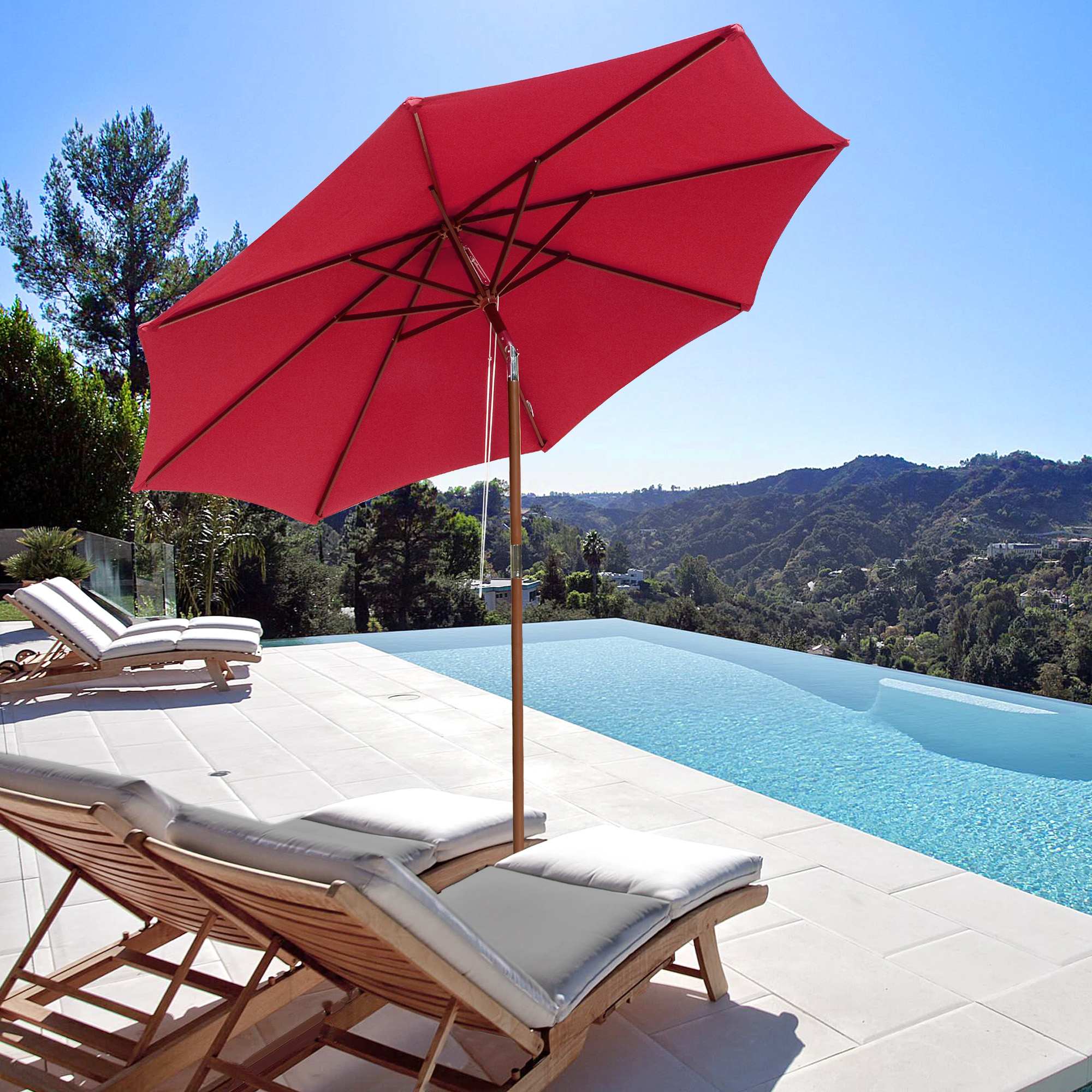 Yescom 07UMB034-9WT-02-LO 9 Ft Wooden Patio Umbrella 8 Ribs Easy Tilt Table Parasol Outdoor Balcony Deck