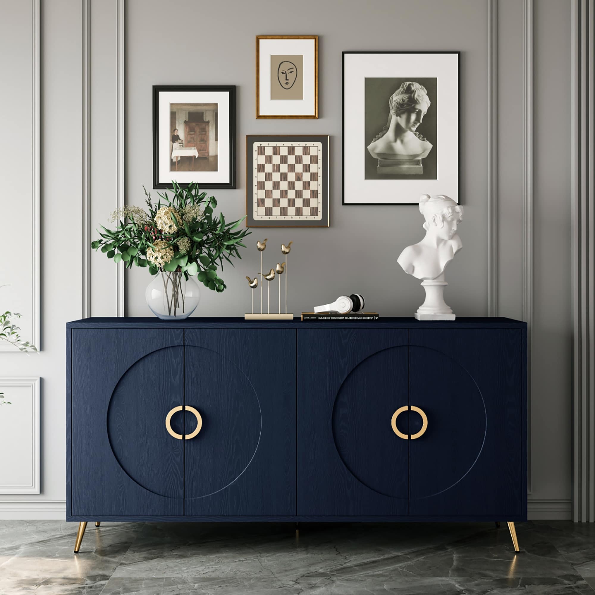 GDFStudio 320599 Modern Lacquered 4 Door Wooden Cabinet Sideboard Buffet Server Cabinet Storage Cabinet For Living Room Entryway Hallway office Kitchen and Dining Room Navy Blue