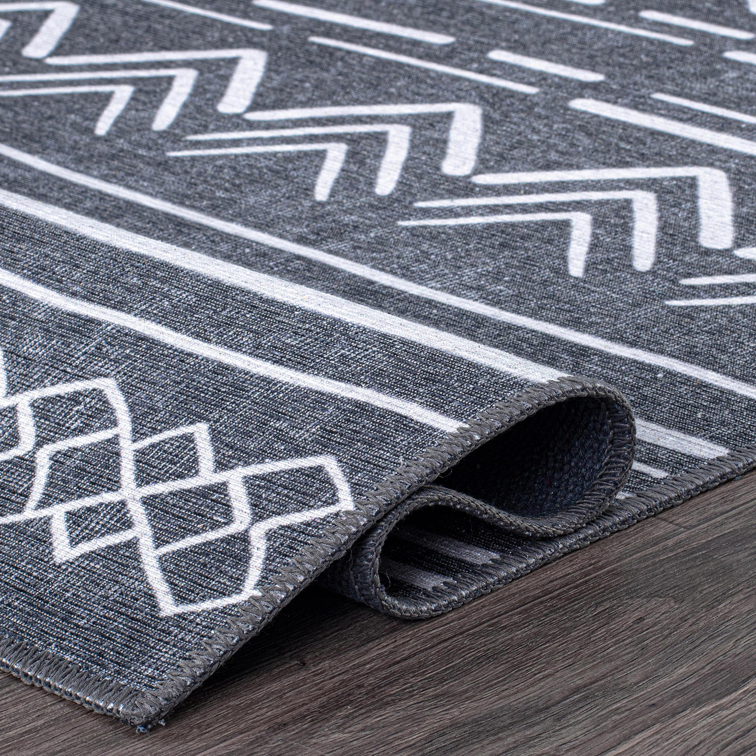 Dark Gray Geometric Flat Woven Machine Washable Area Rug