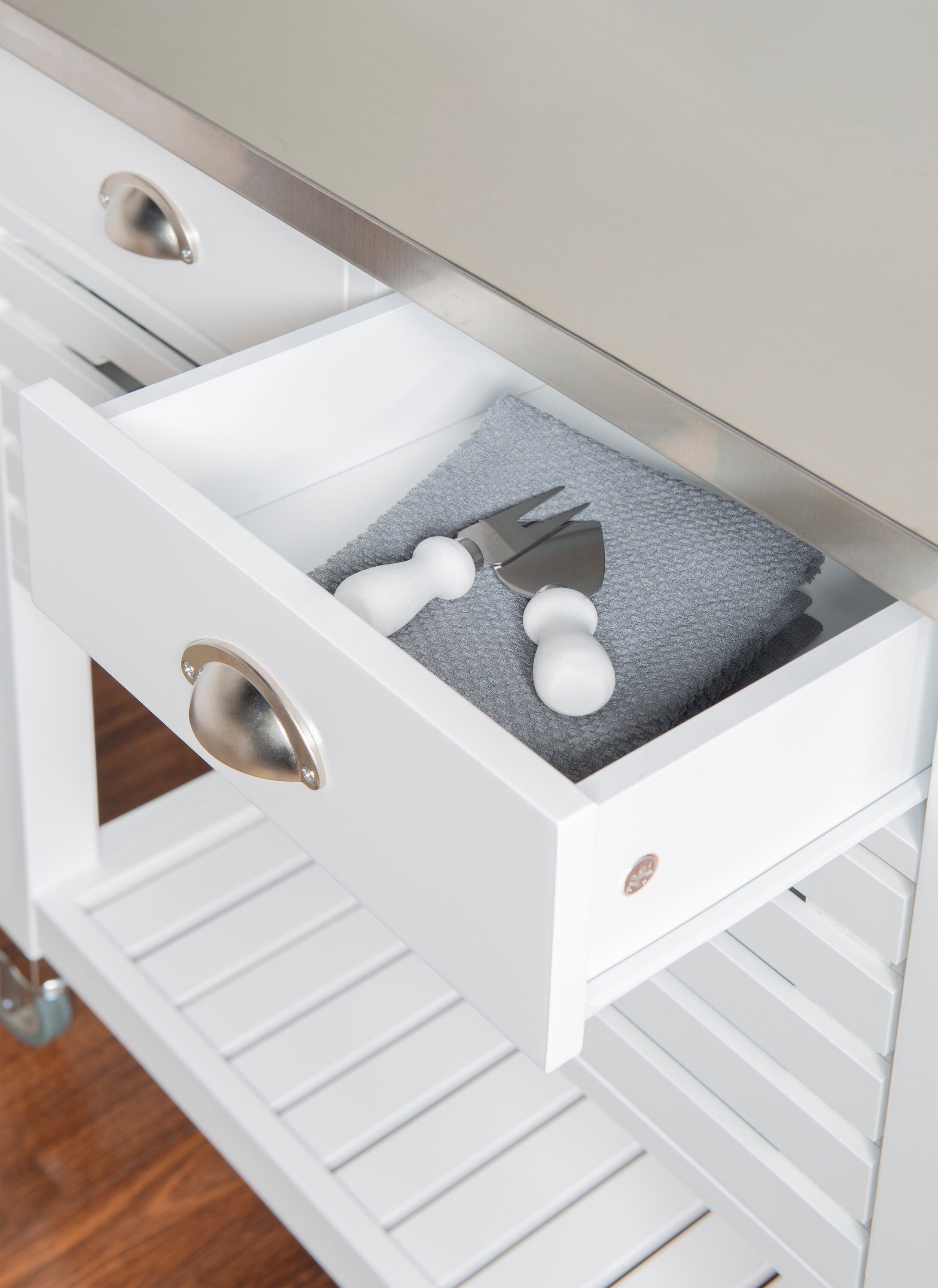Farmhouse Charm White Stainless Steel Kitchen Cart with Butcher Block