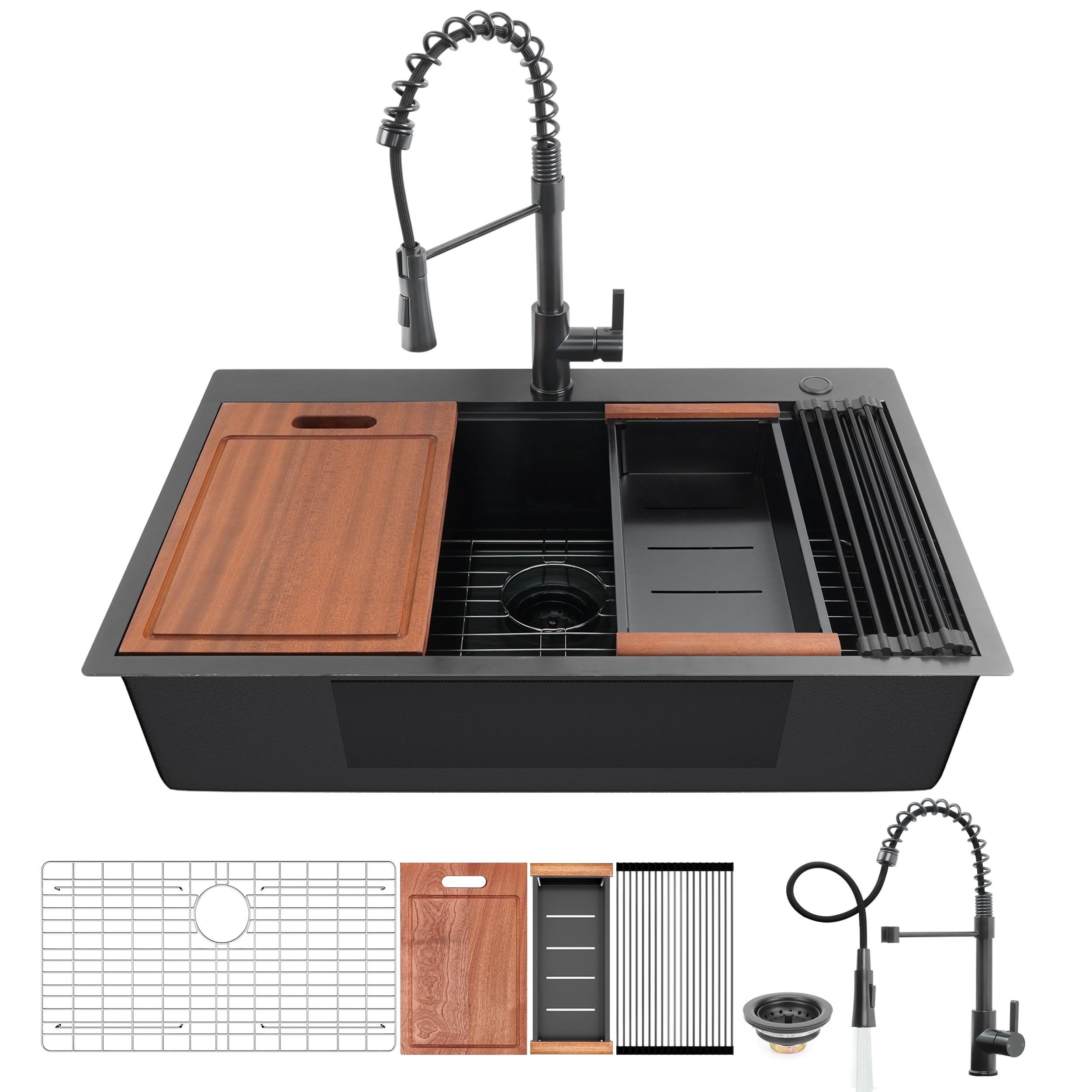 LOVMOR  33-in x 22-in Drop-in Stainless Steel Single Bowl Gunmetal Black Kitchen Sink with Faucet and Bottom Grid