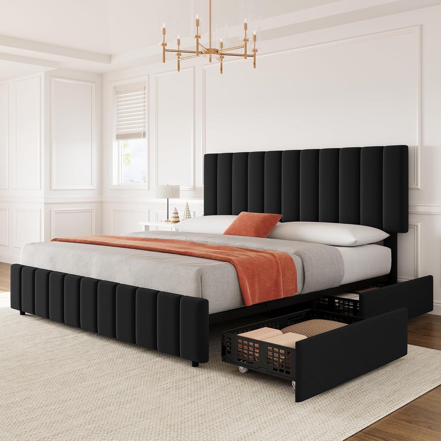 Qeetex LHF-BED-PHO-11ATXLGM King Linen Upholstered Platform Bed Frame with 4 Storage Drawers Adjustable Headboard Wooden Slats Support No Box Spring Needed Black