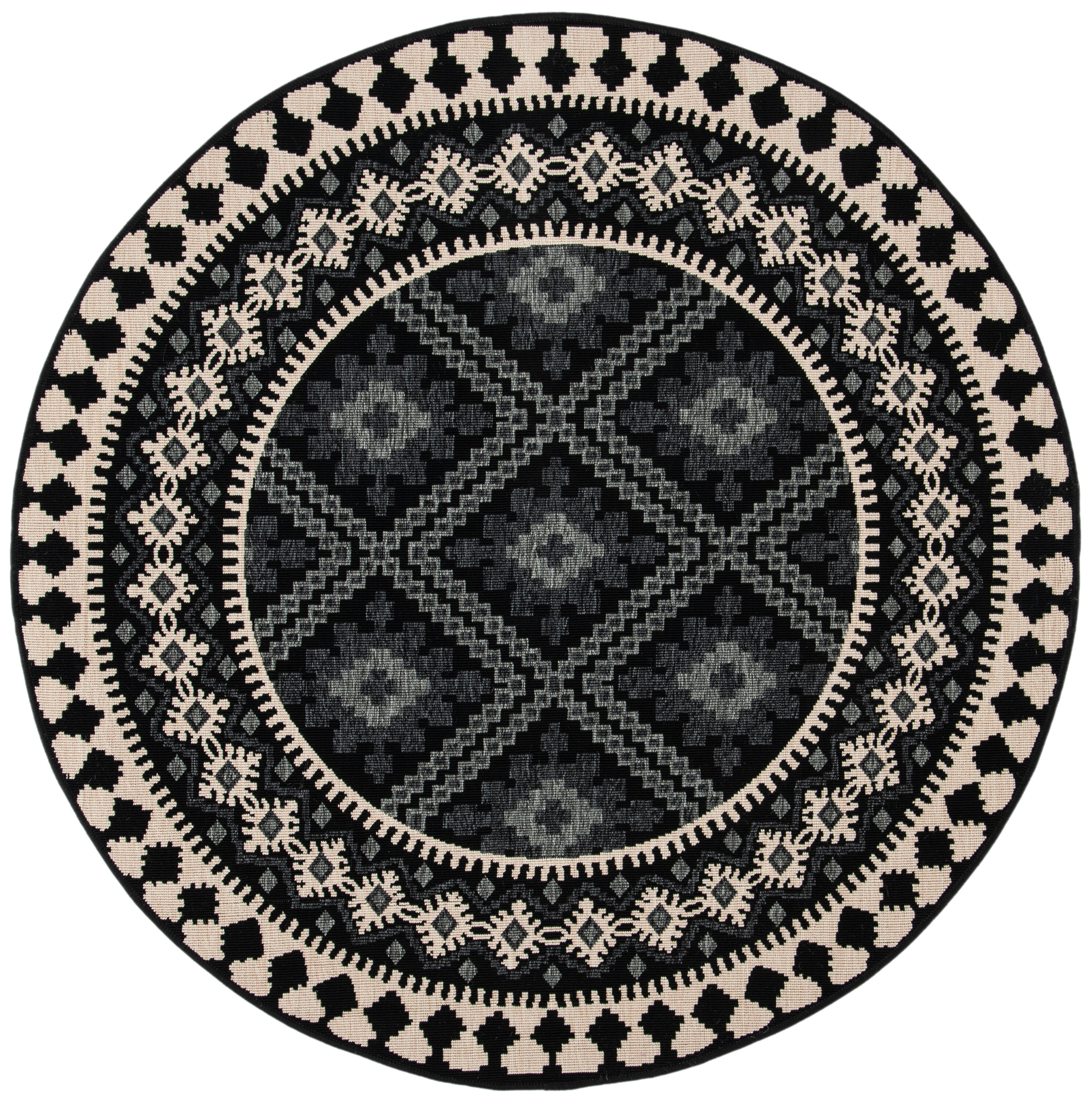 Easycare Veranda Black & Cream Synthetic 3' Round Indoor/Outdoor Rug
