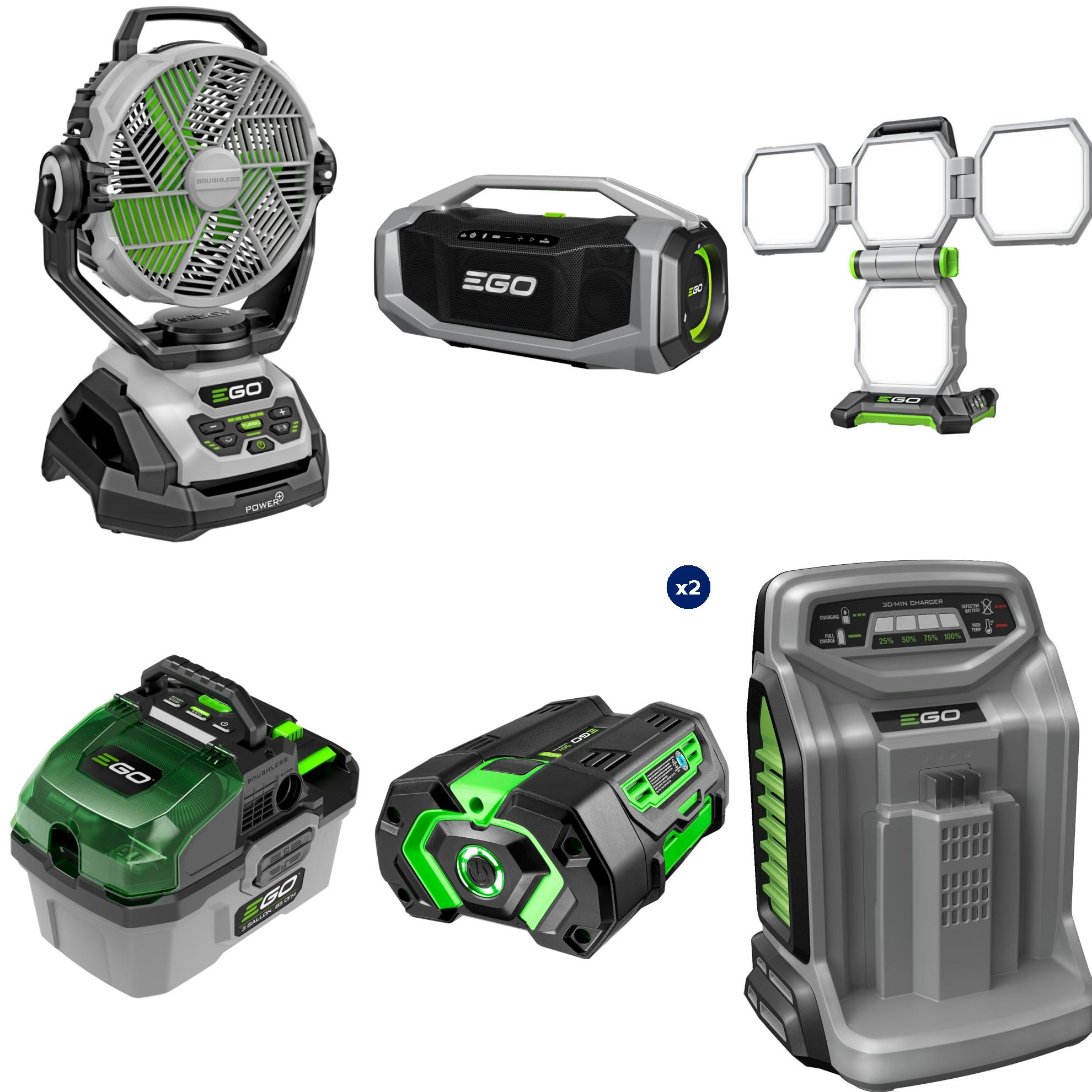EGO  10" Misting Jobsite Fan, Speaker, Work Light, Shop Vac & 2-Pack 5Ah Battery Garage & Backyard Combo Kit