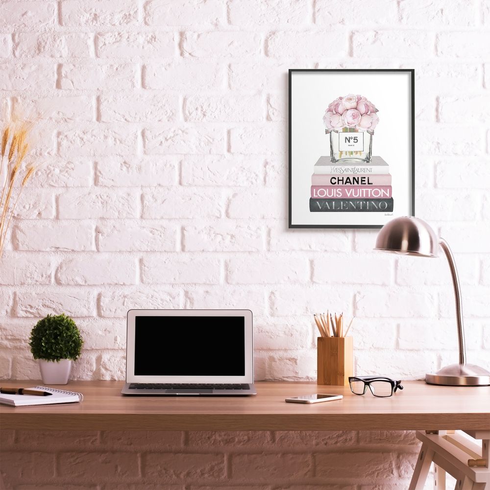 Glam Rose Bouquet Over Designer Books Black Framed Wall Art