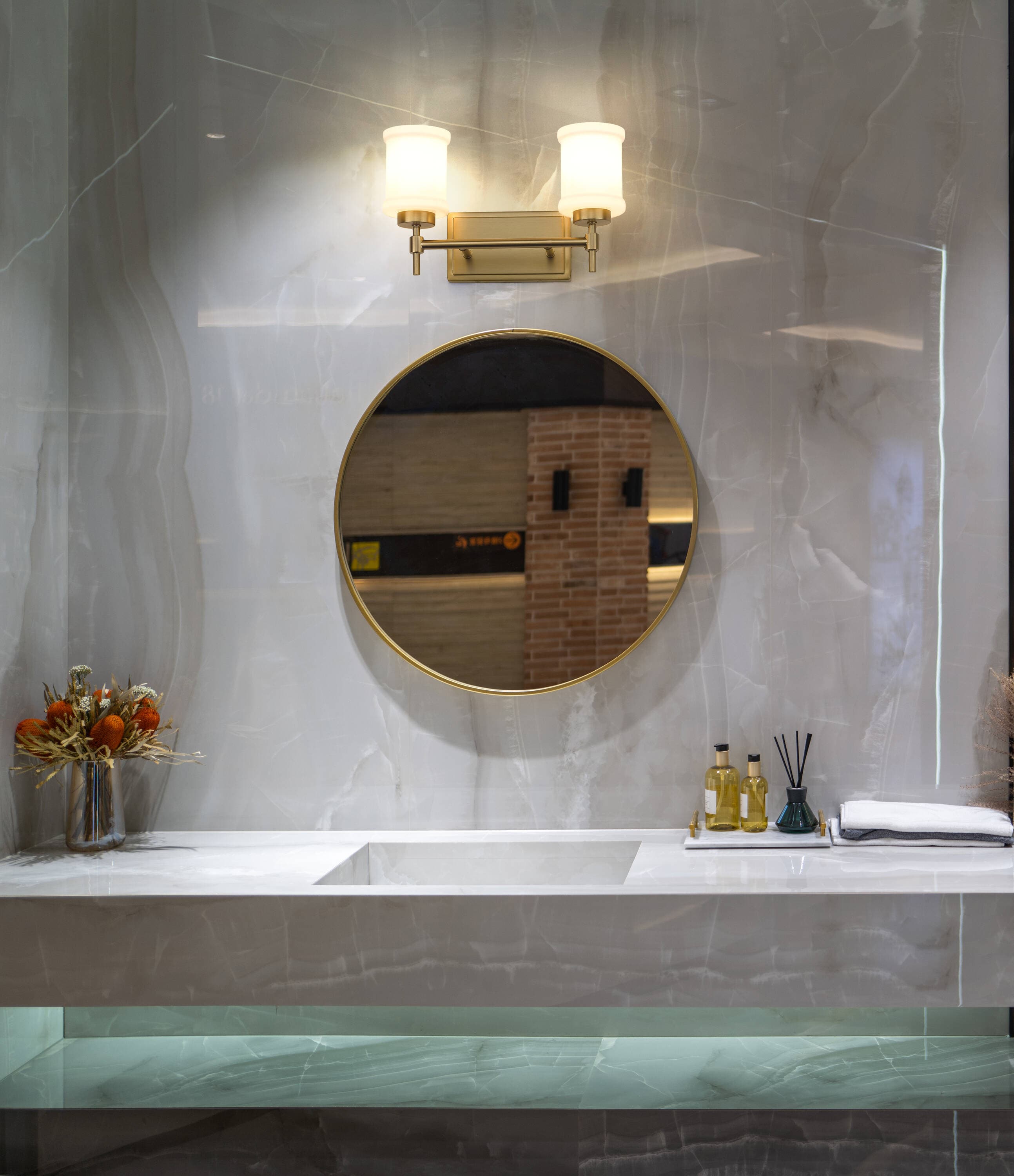 Modern Gold 2-Light Dimmable Vanity Fixture with White Glass Shades