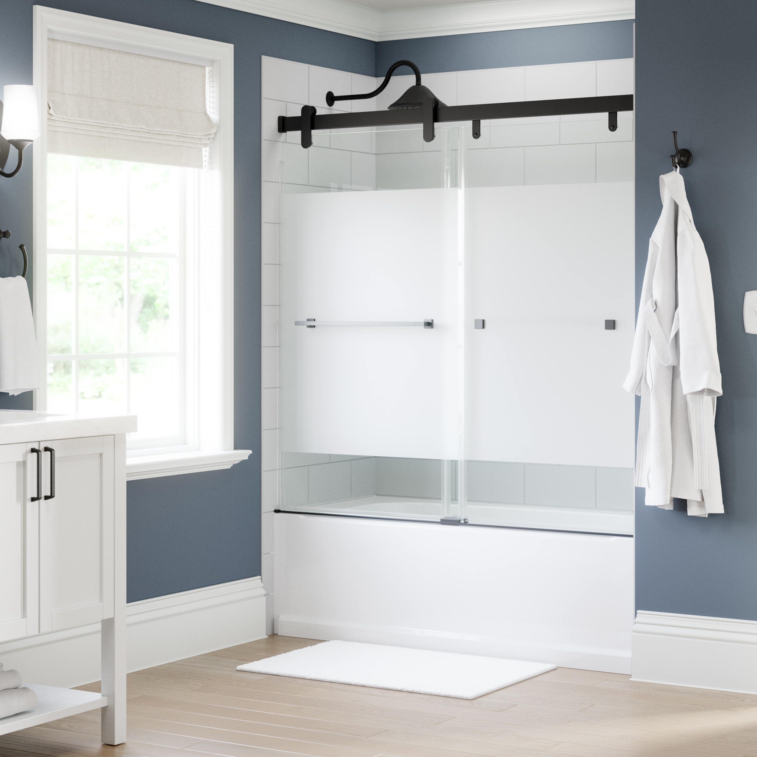 Delta SD7909836 Cabot Matte Black 42-1/4-in W x 60.2363-in H Frameless Sliding Shower Door 5/16-in Thick Frosted Glass