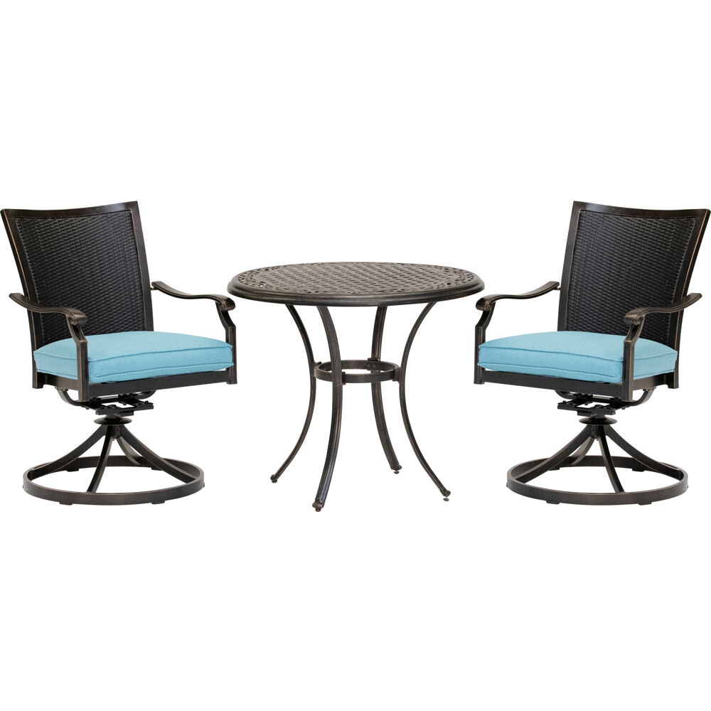 Hanover TRADDNWB3PCSWC-BLU Traditions 3 -Piece Bronze Patio Dining Set Aluminum Round Table with 2 Blue Cushions Swivel Rocker Chairs